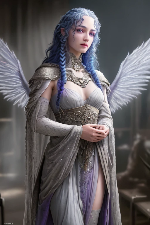 4 armed fae witch with long curly blue hair, lavender eyes, thin lips, round face, light gray skin, (A witch with four arms), mystical being,enormous breasts, wide hips, thick thighs, wearing bear fur cloak, medieval witch attire, mystical creature, dark gloomy scene, (best quality,4k,8k,highres,masterpiece:1.2),ultra-detailed,(realistic,photorealistic,photo-realistic:1.37),HDR,UHD,studio lighting,ultra-fine painting,sharp focus,physically-based rendering,extreme detail description,professional,vivid colors,bokeh,dark fantasy,dark art,chiaroscuro,moody lighting