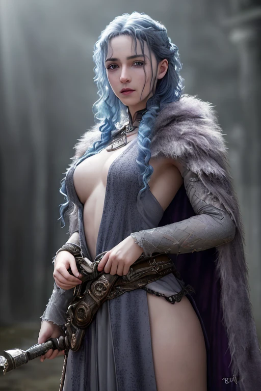 4 armed fae witch with long curly blue hair, lavender eyes, thin lips, round face, light gray skin, (A witch with four arms), mystical being,enormous breasts, wide hips, thick thighs, wearing bear fur cloak, medieval witch attire, mystical creature, dark gloomy scene, (best quality,4k,8k,highres,masterpiece:1.2),ultra-detailed,(realistic,photorealistic,photo-realistic:1.37),HDR,UHD,studio lighting,ultra-fine painting,sharp focus,physically-based rendering,extreme detail description,professional,vivid colors,bokeh,dark fantasy,dark art,chiaroscuro,moody lighting