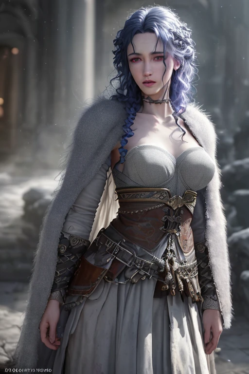 4 armed fae witch with long curly blue hair, lavender eyes, thin lips, round face, light gray skin, mystical being, enormous breasts, wide hips, thick thighs, wearing bear fur cloak, medieval witch attire, mystical creature, dark gloomy scene, (best quality,4k,8k,highres,masterpiece:1.2),ultra-detailed,(realistic,photorealistic,photo-realistic:1.37),HDR,UHD,studio lighting,ultra-fine painting,sharp focus,physically-based rendering,extreme detail description,professional,vivid colors,bokeh,dark fantasy,dark art,chiaroscuro,moody lighting