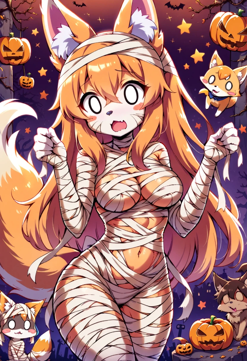 best quality, amazing quality, very aesthetic, absurdres, 1girl, (furry, kemono:1.3), fox, fox girl, fox ears, fox tail, mummy, solo, orange hair, blush stickers, long hair, open mouth, navel, costumeplayer, mummy costume, monster girl, o_o, very long hair, looking at viewer, cowboy shot, wavy mouth, halloween, breasts, halloween costume, bandaged head