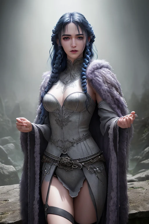 4 armed fae witch with long curly blue hair, lavender eyes, thin lips, round face, light gray skin, mystical being, enormous breasts, wide hips, thick thighs, wearing bear fur cloak, medieval witch attire, mystical creature, dark gloomy scene, (best quality,4k,8k,highres,masterpiece:1.2),ultra-detailed,(realistic,photorealistic,photo-realistic:1.37),HDR,UHD,studio lighting,ultra-fine painting,sharp focus,physically-based rendering,extreme detail description,professional,vivid colors,bokeh,dark fantasy,dark art,chiaroscuro,moody lighting