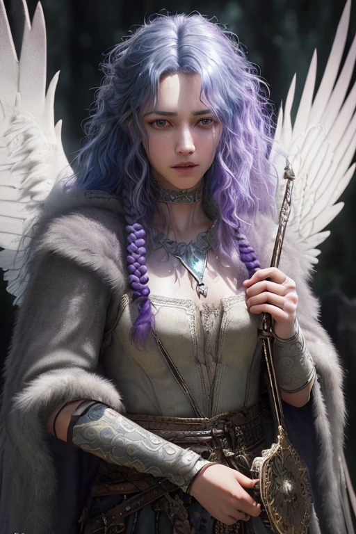 4 armed fae witch with long curly blue hair, lavender eyes, thin lips, round face, light gray skin, mystical being, enormous breasts, wide hips, thick thighs, wearing bear fur cloak, medieval witch attire, mystical creature, dark gloomy scene, (best quality,4k,8k,highres,masterpiece:1.2),ultra-detailed,(realistic,photorealistic,photo-realistic:1.37),HDR,UHD,studio lighting,ultra-fine painting,sharp focus,physically-based rendering,extreme detail description,professional,vivid colors,bokeh,dark fantasy,dark art,chiaroscuro,moody lighting