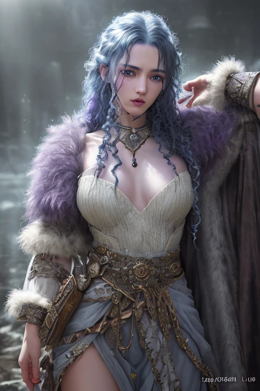 4 armed fae witch with long curly blue hair, lavender eyes, thin lips, round face, light gray skin, mystical being, enormous breasts, wide hips, thick thighs, wearing bear fur cloak, medieval witch attire, mystical creature, dark gloomy scene, (best quality,4k,8k,highres,masterpiece:1.2),ultra-detailed,(realistic,photorealistic,photo-realistic:1.37),HDR,UHD,studio lighting,ultra-fine painting,sharp focus,physically-based rendering,extreme detail description,professional,vivid colors,bokeh,dark fantasy,dark art,chiaroscuro,moody lighting