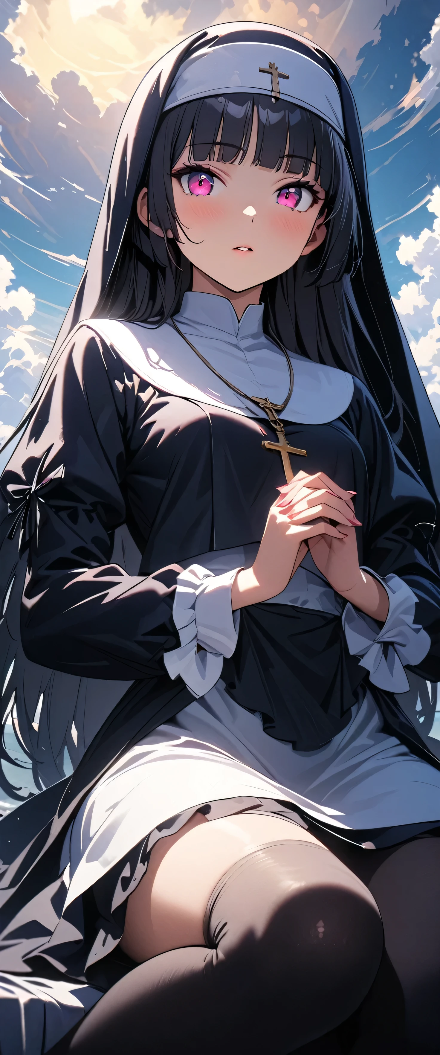 (((Beautiful girl artwork))),(nun:1.5),(beautiful girl:1.3),1girl,masterpiece,Highest quality,Ultra-high resolution, rich contrast ,super high quality,8k,Highly detailed CG unit wallpaper,texture,Incredibly absurd,Ultra-high resolution,Highest quality anime,professional photograph,an extremely delicate and beautiful,RAW Photos,Depth of Field 1.2,ultra-detailed eyes,Glowing Skin,Beautiful glossy lips,cross,Prayer,(Black Hair, bob cut , with bangs),gokou ruri,((A view of the sea of clouds spreading out below)),mountaintop,Kneel