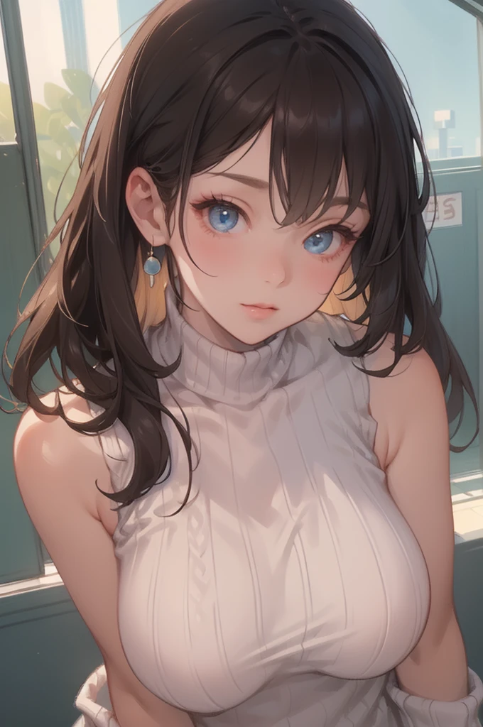  very cute and beautiful girl standing in the crowd at the train station、((Big Breasts:1.4))、(sleeveless turtleneck sweater:1.5)、(( Sleeveless))、(((  wavy dark hair 、  blue eyes)))、((Bare arms))、((Bare shoulders))、( very fine beautiful face )、(((  Closeup  )))、(((  Closeup  )))、(((  Closeup  )))、(((  young woman、Gal)))、smile、blush、Looking at viewer、(Best Quality、masterpiece:1.2)、 absurd、 high definition、Super detailed、 very detailed、32K、8k resolution、 intricate details 、 Movie scene 、 detailed background、solo、 dynamic angle 、Natural lighting、Particles of light、beautiful fine sky 、( real)