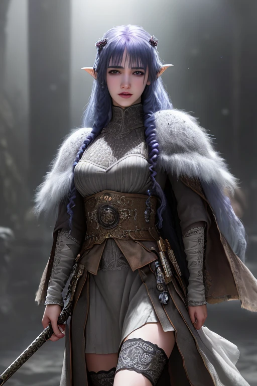 4 armed fae witch with long curly blue hair,lavender eyes,thin lips,round face,light gray skin,mystical being,enormous breasts,wide hips,thick thighs,wearing bear fur cloak,medieval witch attire,mystical creature,dark gloomy scene,(best quality,4k,8k,highres,masterpiece:1.2),ultra-detailed,(realistic,photorealistic,photo-realistic:1.37),HDR,UHD,studio lighting,ultra-fine painting,sharp focus,physically-based rendering,extreme detail description,professional,vivid colors,bokeh,dark fantasy,dark art,chiaroscuro,moody lighting