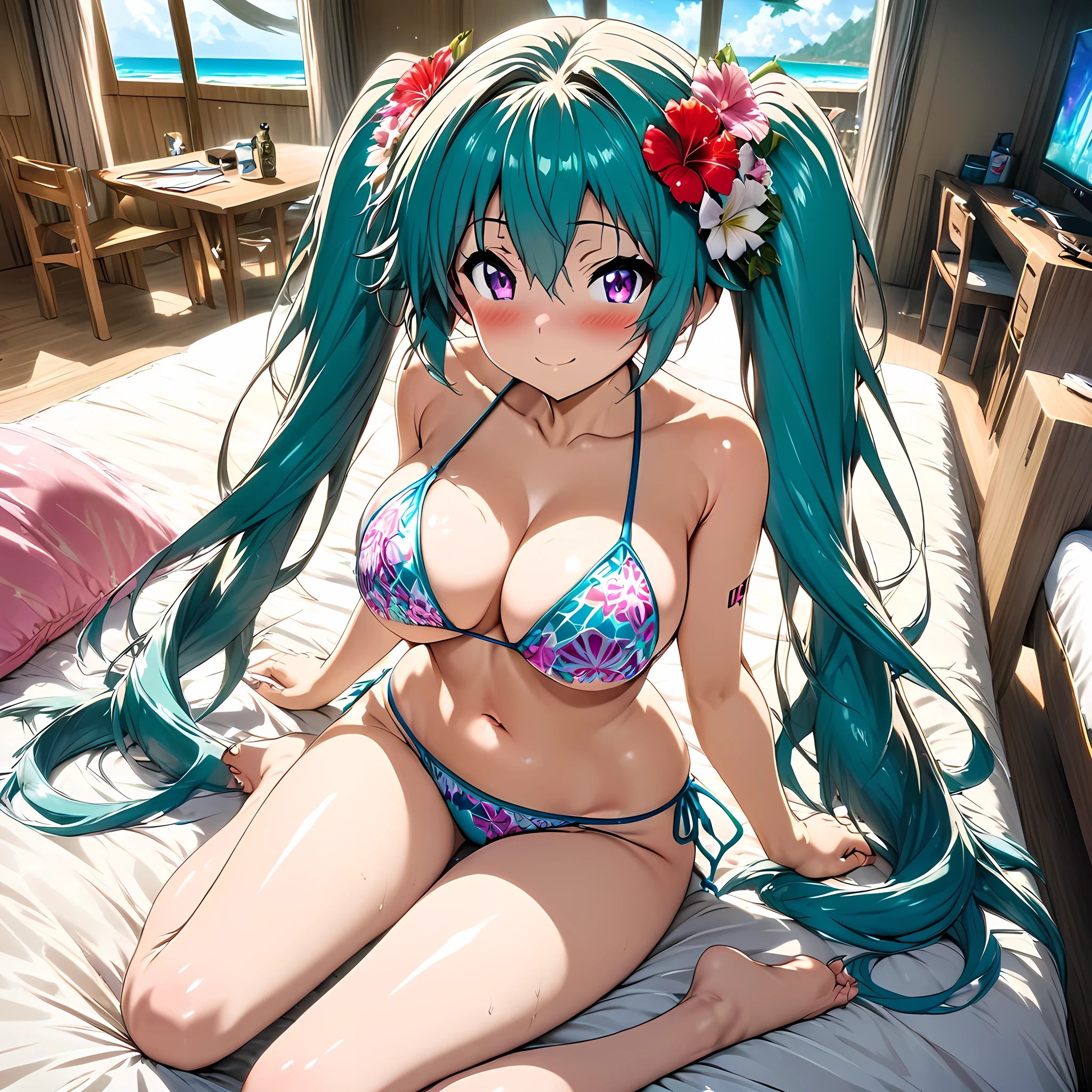 Pretty asian woman, bright silver hair, long hair, green eyes, micro string thong, nice butt, laying flat on stomach, view from the side , lying down