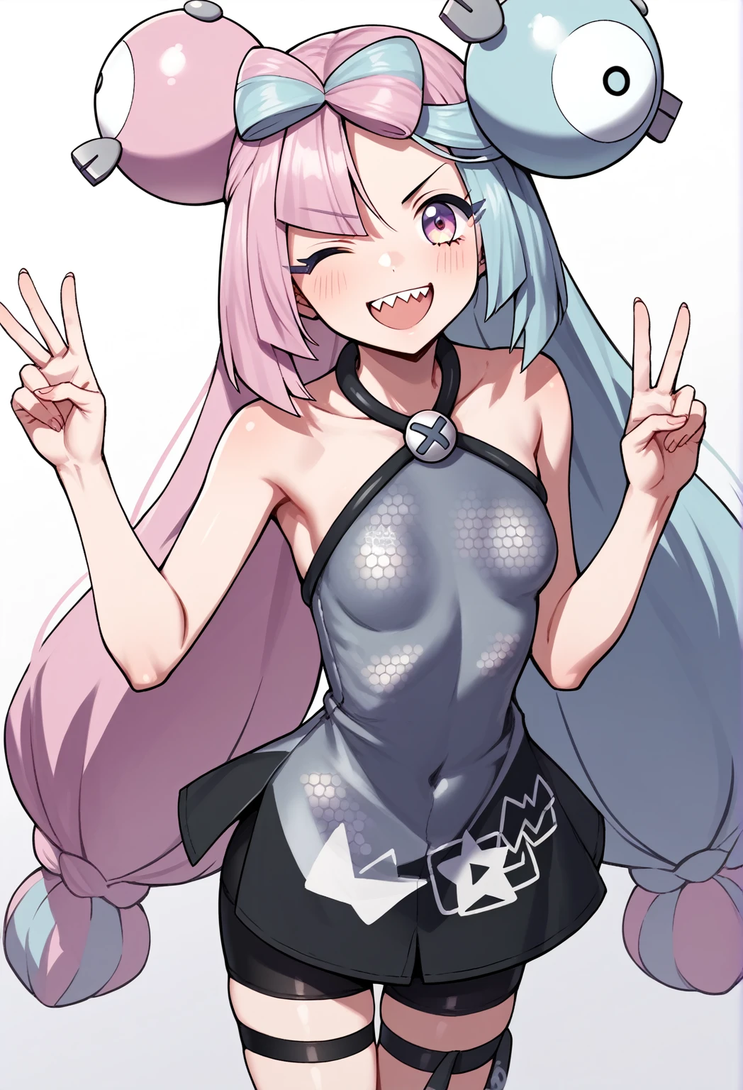 BREAK Those_Anime-Series, (pokemon iono, blue hair, bow-shaped hair, character hair ornament, hair ornament, long hair, low-tied long hair, multicolored hair, pink hair, sharp teeth, split-color hair, twintails, two-tone hair, pink eyes, , small breasts, halterneck, grey dress, sleeveless, bare arms, bike shorts, shorts under dress, thigh strap, single leg pantyhose, grey pantyhose, peace sign, one eye closed, smile, open mouth, magazine cover,