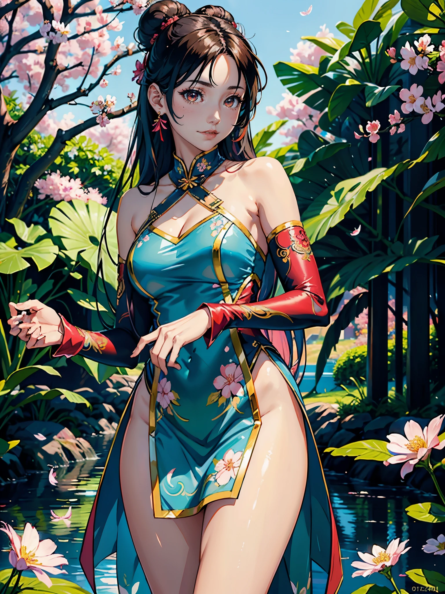 A beautiful Indonesian model wearing a vibrant pink Chinese traditional silk dress, with detailed facial features, long flowing hair, and an enchanting smile, standing gracefully in a lush garden surrounded by colorful flowers, butterflies, and falling sakura blossoms, with a fairytale-like background, (best quality,4k,8k,highres,masterpiece:1.2),ultra-detailed,(realistic,photorealistic,photo-realistic:1.37),acrylic painting,beautiful Indonesian model with extremely colorful hair and detailed facial features,beautiful Indonesian model with long flowing long hair,beautiful bright brown eyes and rosy lips,beautiful Indonesian model with a joyful expression,beautiful Indonesian model in a dynamic pose with sakura blossoms falling around her,beautiful Indonesian model surrounded by colorful flowers and butterflies, tights,beautiful Indonesian model with an enchanting smile,beautiful Indonesian model with soft, pastel-colored shading, beautiful Indonesian model with a fairytale-like background,sailor moon hair, flower in hair, hair ornaments, long sleeve, two hair buns, Double Bun