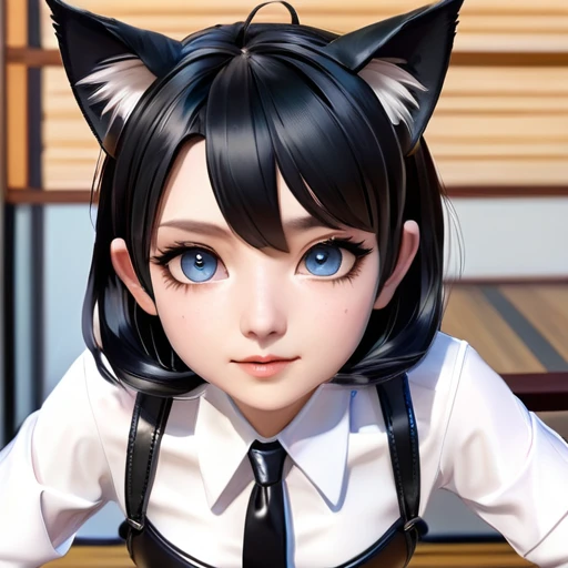   Japanese、Black Hair、  Cat ears、very short hair、Big Eyes、small、cute、 shiny black leather suit、 white shirt 、tie、tatami、3d

