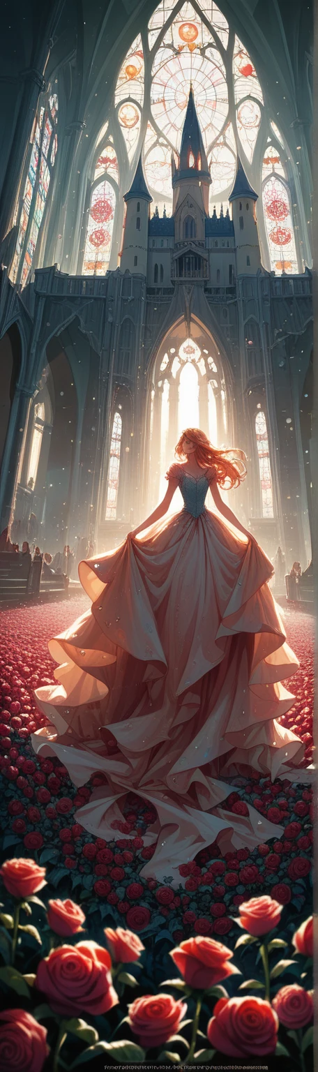 sunset, Castle, Roses and Other Flowers, Full Length Girl 2 Beautiful Figure,Thin Chic Dresses All in Sequins and Pearls, bright colors, Long Thick Lush Hair Fluttering in the Wind, Colors of the Raspberry Rainbow, Beautiful View with Small Details, Majestic view, masterpiece, Perfect art,score_9, score_8_up, score_7_up, dramatic lighting, highly detailed, high budget, bokeh, cinemascope, moody, epic, gorgeous, film grain, grainy, masterpiece, best quality, perfect anatomy, very aesthetic, official art, 8k