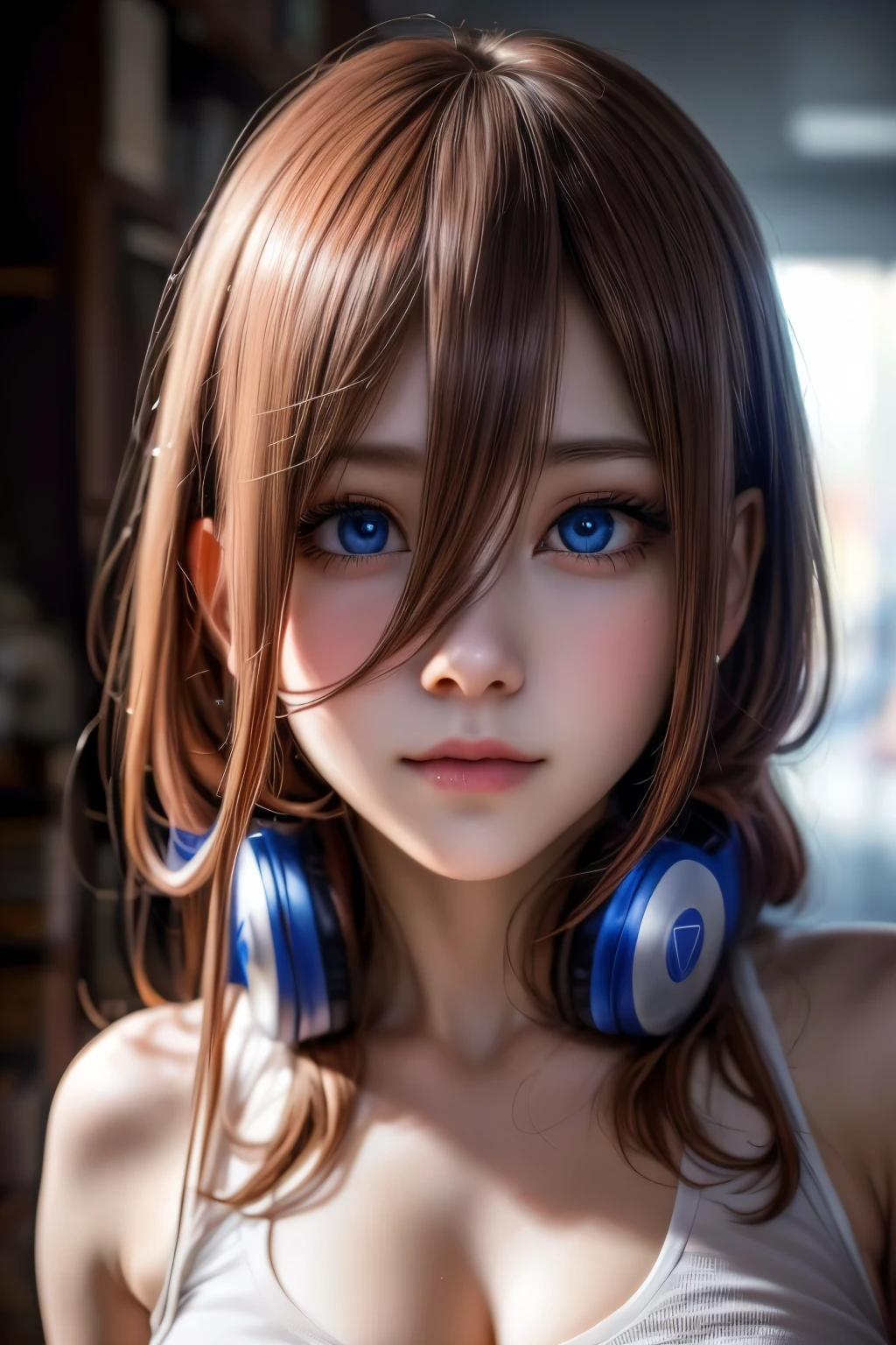 Create a hyper-detailed portrait of Nakano Miku, a beautiful young woman with detailed facial features and delicate skin. | She has brown hair between her eyes, wears headphones, and has big blue eyes with a cheeky expression. | She is depicted with large breasts, glowing skin, and perfect anatomy, looking directly at the viewer with the caption (((we're looking at yours))). | She wears a mid-cut loose t-shirt revealing underboob and a micro miniskirt, captured in a moving pose. | The image features cinematic lighting, complex textures, and vibrant colors to create a surrealistic atmosphere with realistic quality. | The style is photorealistic, aiming for a masterpiece with best quality and 8K high resolution. | The lighting is soft with subtle cast shadows, utilizing physically based rendering techniques. | The final result is a professional digital art piece showcasing hyper-realistic