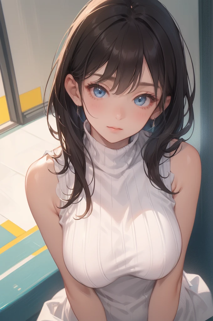  very cute and beautiful girl standing in the crowd at the train station、((Big Breasts:1.4))、((sleeveless white turtleneck knit white:1.5))、((White sleeveless knit:1.5))、(((  wavy dark hair 、  blue eyes)))、((Bare arms))、((Bare shoulders))、(((  from above )))、( very fine beautiful face )、(((  Closeup  )))、(((  Closeup  )))、(((  Closeup  )))、(((  young woman、Gal)))、smile、blush、Looking at viewer、(Best Quality、masterpiece:1.2)、 absurd、 high definition、Super detailed、 very detailed、32K、8k resolution、 intricate details 、 Movie scene 、 detailed background、solo、 dynamic angle 、Natural lighting、Particles of light、beautiful fine sky 、( real)