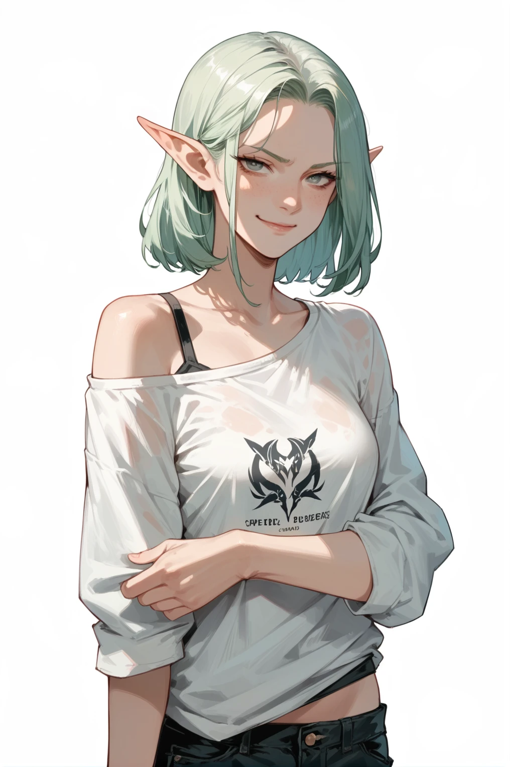 Cartoon of a girl, elf woman, smirk, closed mouth, black off-shoulder shirt, simple background
