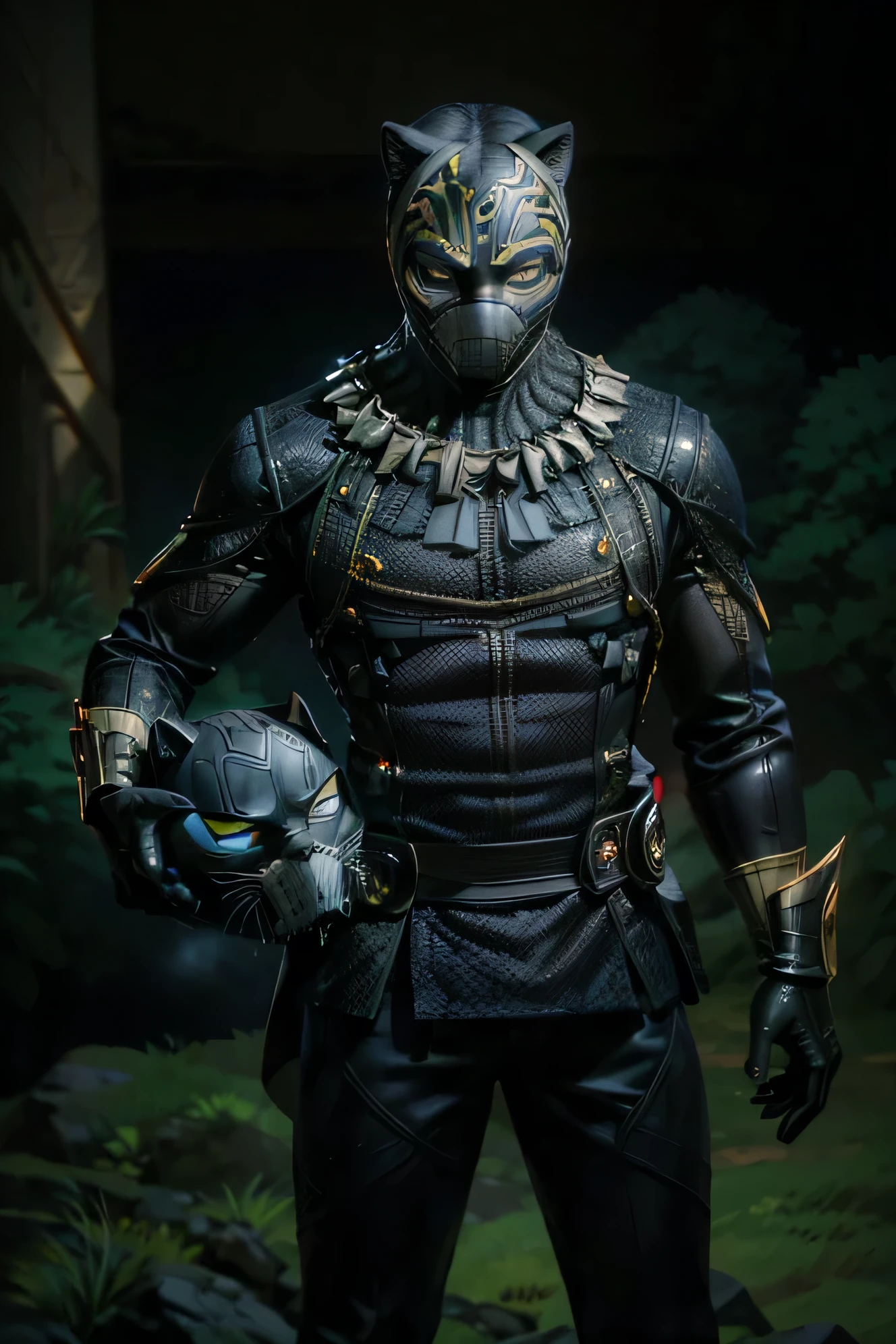 (Best quality, 8k, 32k, Masterpiece, UHD:1.2), "Imagine Black Panther, clad in his sleek vibranium suit, standing tall against the backdrop of Wakanda, his homeland. His figure is powerful and poised, the intricate details of his suit gleaming in the sunlight, each line and texture symbolizing the advanced technology and heritage of his people. His mask’s sharp, feline features give him an intense, regal presence, with his eyes focused and alert, a protector surveying his domain.

Behind him lies the breathtaking landscape of Wakanda—a land where nature and technology coexist harmoniously. Towering, futuristic skyscrapers with sleek, tribal-inspired architecture rise in the distance, their surfaces reflecting the lush greenery that surrounds them. Mountains dotted with waterfalls cascade down into vibrant rivers, their waters sparkling under the warm sunlight, while vast plains spread out beneath a clear blue sky.

The city buzzes with subtle activity as Wakandan hovercraft glide through the air, showcasing the nation’s cutting-edge technology. The contrast of verdant forests and towering technological marvels illustrates Wakanda’s unity of tradition and innovation. Black Panther stands as a symbol of strength and resilience, embodying the spirit of his people, the royal protector of this hidden paradise, ready to defend the kingdom of Wakanda and all it represents."