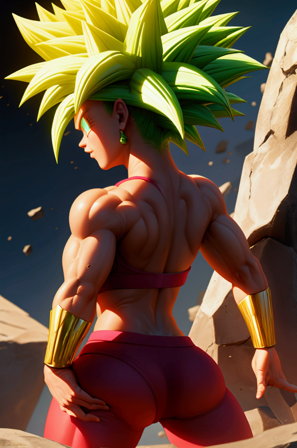 Create an ultra-detailed, back-view portrait of Kefla from Dragon Ball Super, with the primary focus on her firm, toned glutes and muscular lower body. Position her standing in a powerful, slightly arched stance that emphasizes her well-sculpted curves and smooth, defined glutes. Her athletic build is highlighted by her tight, red battle outfit, which contours to her body, accentuating the sleek lines of her thighs, hips, and toned glutes, giving them a smooth and firm appearance. Her legs show muscular definition, especially in the calves and hamstrings, showcasing her strength and Saiyan warrior physique.

Her vibrant, spiky green hair is styled in two upward ponytails, each strand crackling with energy, lifted slightly by her powerful green aura that glows intensely around her, casting dynamic shadows across her toned body. The glowing green aura not only emphasizes her muscular detail but adds depth and contrast to her smooth, firm glutes, making them the focal point of the image. She stands on a rocky battlefield, with cracks and shattered ground beneath her, while dust and small debris swirl around, amplifying her imposing, battle-ready stance.
