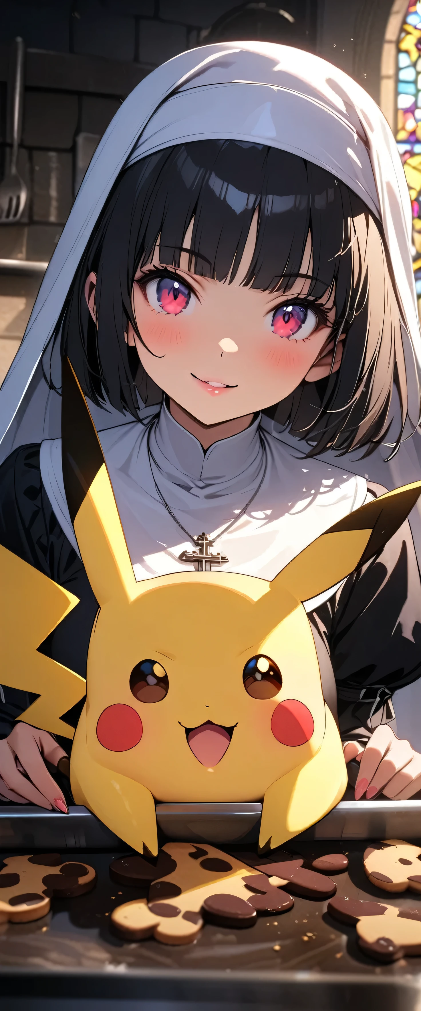 (Bake Pikachu-shaped cookies in the kitchen:2.0),(nun:1.5),(beautiful girl:1.3),1girl,masterpiece,Highest quality,Ultra-high resolution, rich contrast ,super high quality,8k,Highly detailed CG unit wallpaper,texture,Incredibly absurd,Ultra-high resolution,Highest quality anime,professional photograph,an extremely delicate and beautiful,RAW Photos,Depth of Field 1.2,ultra-detailed eyes,Glowing Skin,Beautiful glossy lips,monastery,cross,oh,(Black Hair, bob cut , with bangs), Stained Glass,Faint Light,gokou ruri,smile