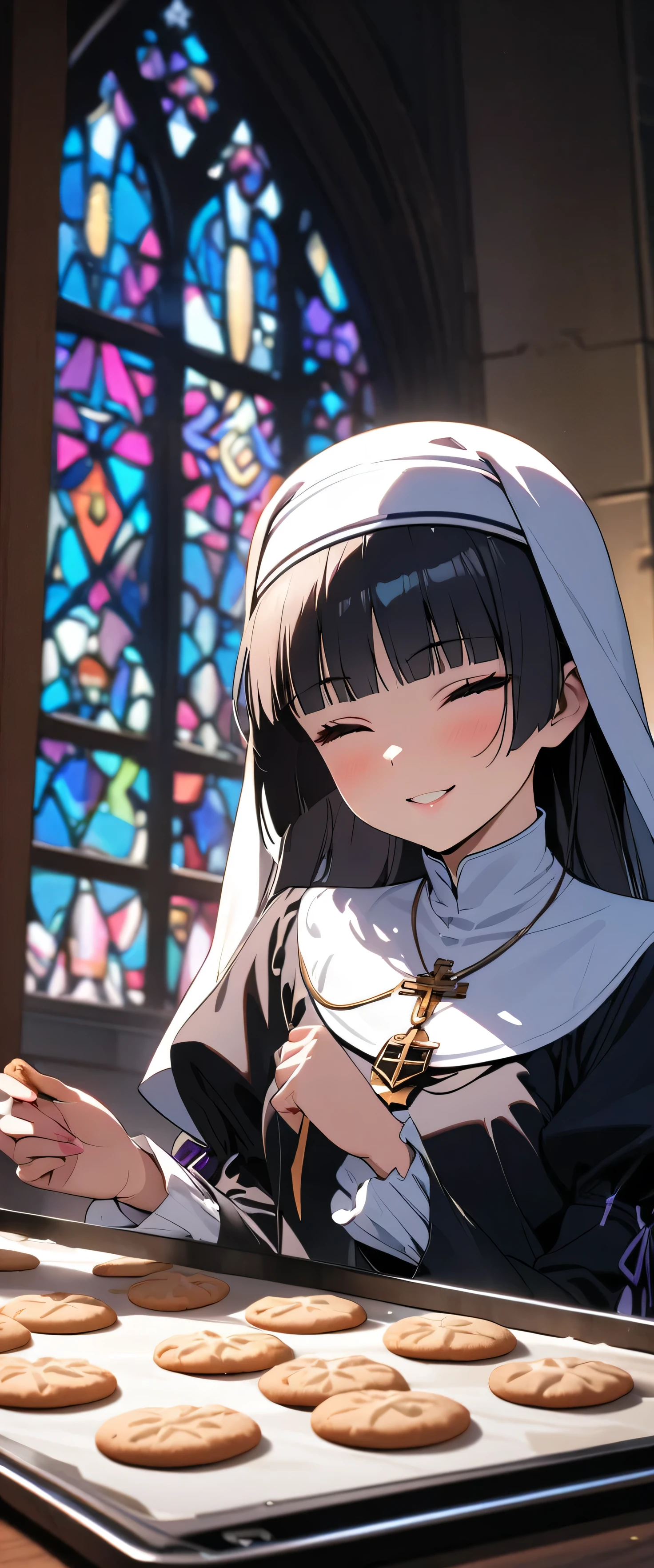 (nun:1.5),(beautiful girl:1.3),1girl,masterpiece,Highest quality,Ultra-high resolution, rich contrast ,super high quality,8k,Highly detailed CG unit wallpaper,texture,Incredibly absurd,Ultra-high resolution,Highest quality anime,professional photograph,an extremely delicate and beautiful,RAW Photos,Depth of Field 1.2,Glowing Skin,Beautiful glossy lips,monastery,cross,(Black Hair, bob cut , with bangs), Stained Glass,Faint Light,gokou ruri,smile,(((Bake cookies in the kitchen))),(Rear View:1.2),Close your eyes