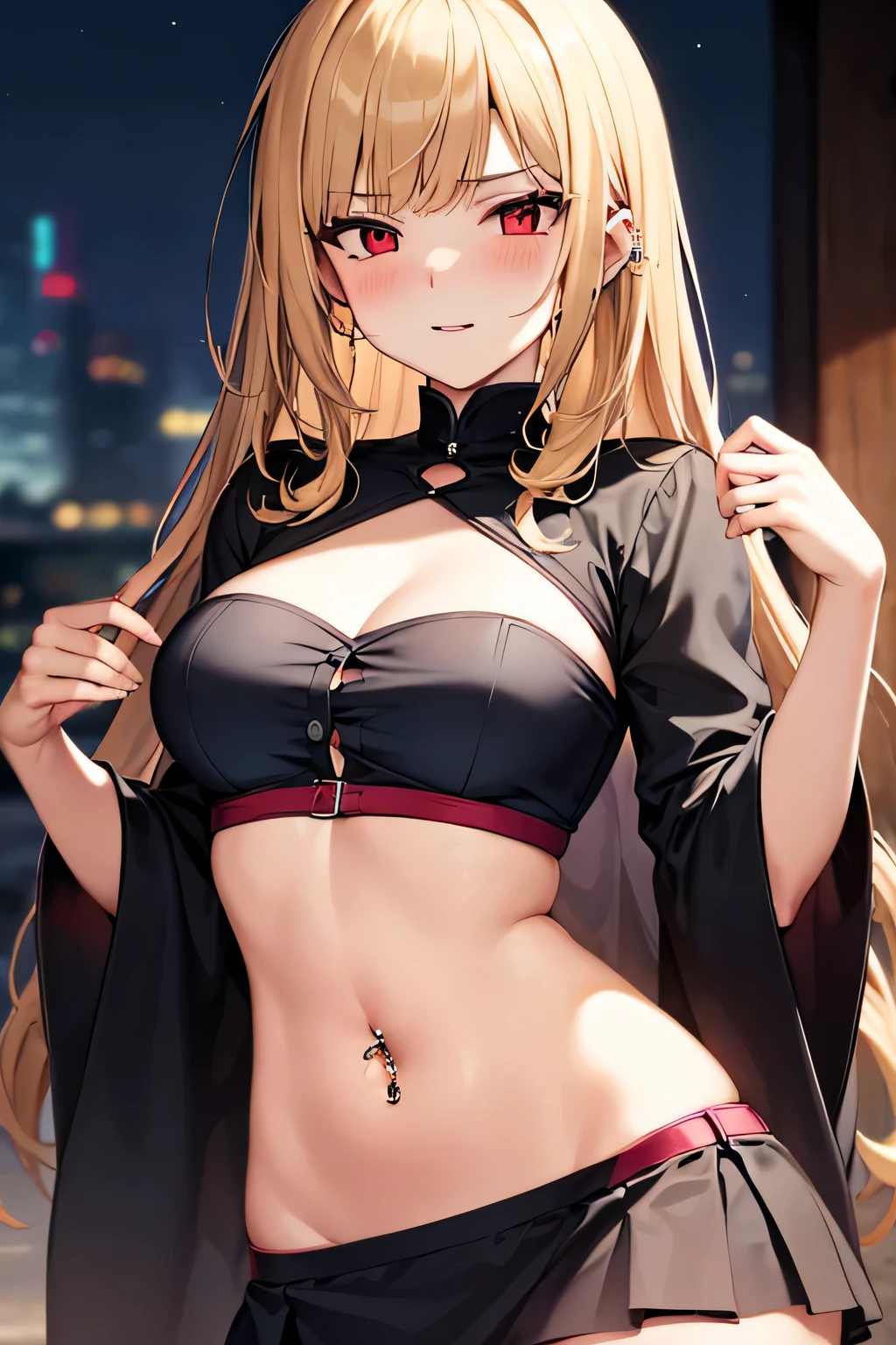 Kimono, stomach, navel piercing, brown skin, blonde hair, micro skirt, cleavage, midriff, breast, super fine illustration, vibrant colors, masterpiece, best quality, depth of field, cinematic lighting, ultra detailed, long sleeves, tummy, 1 woman, solo, milf, slender, full face blush, mature female, tall woman, dark hair, long hair, curly hair, medium breast, belly button, tample
