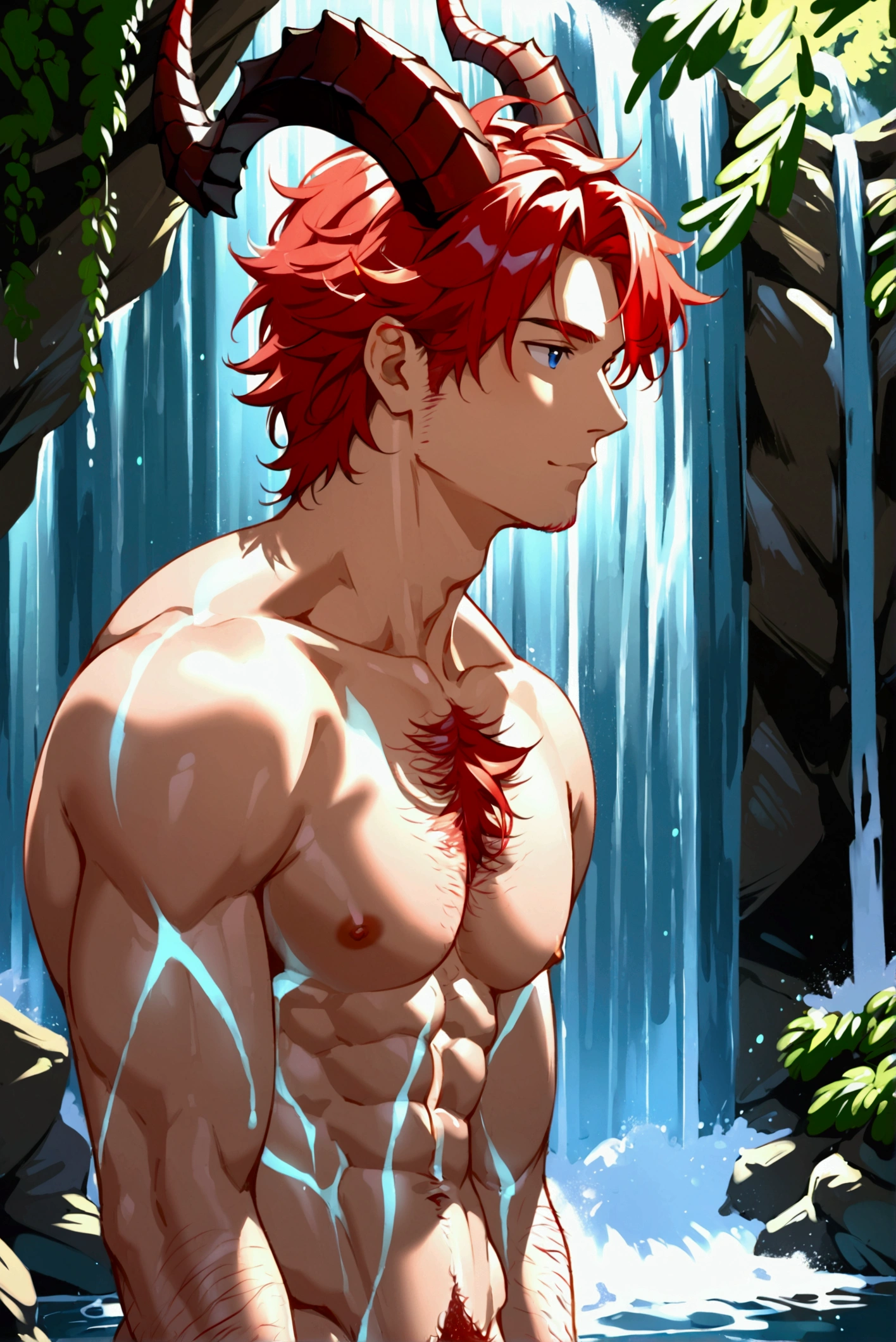 
 red-haired man with naked horns,  muscular chest and thighs , hairy crotch and chest ,  large penis and testicles , waterfall, nsfw, nude, nudity, uncensored,  Explicit Content , nipples