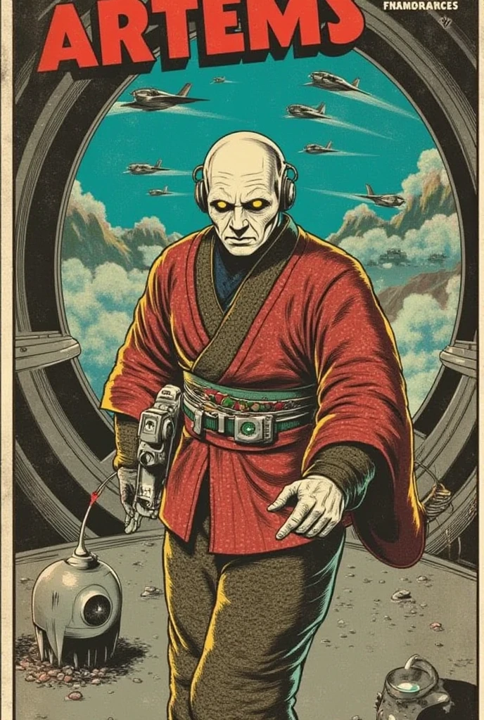 On a vintage comic book cover with a futuristic twist, a stylized cyborg occupies the center, captured in a bold action pose with a dramatic Dutch angle that enhances the scene’s intensity. His android face, crafted from white ceramic material, is detailed with mechanical seams and intricate scuff marks, and his eyes are represented by camera lenses in place of pupils, glowing with a focused, piercing gaze.

He wears intricately traditional Japanese clothing that flows around him, contrasting with his advanced robotic body. The background reveals the vast interior of the Artemis Station spaceport, an immense structure with fractal layers and large windows providing a sweeping view of a sprawling cyberpunk landscape outside.

Subtle lighting adds depth, highlighting the character against the futuristic skyline, while the edges of the cover show signs of gentle aging with faded corners and light creases, capturing the nostalgic feel of classic comics while merging retro aesthetics with a sci-fi universe.