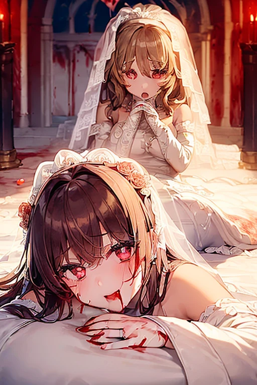 (2girl :1.5) ,(wedding dress:1.4), cloudy eyes,orgasm, expose breast, (blood on body:1.7), (blood on cloth:1.7),(heart shaped pupils:1.5), ,in church,licking,lesbian,