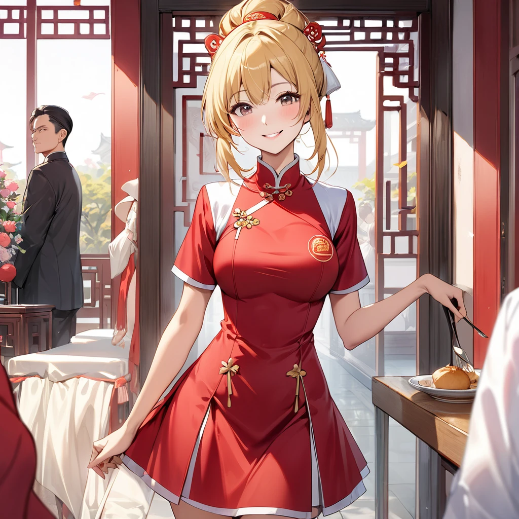  A woman who is a member of the Chinese Communist Party is a beautiful blonde Kisaragi Honey and wears Chinese Communist Party clothes and pledges absolute loyalty and love to a great Chinese Communist Party executive man and supports and serves her husband in public and private as a wife、((Best Quality)), ((masterpiece)), ( Details), （ perfect face）,The woman is a bright blond Kisaragi Honey with outstanding proportions, is finished as a Chinese woman in a Chinese mansion and has her hair tied beautifully like a Chinese woman 、The woman is smiling gently