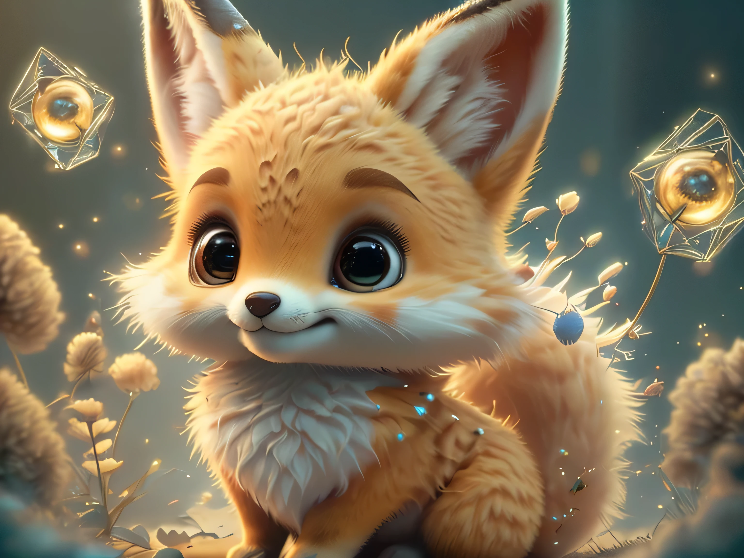 Magical Fantasy Creature, (Best Quality, Masterpiece, Representative Work, Official Art, Professional, Ultra Fine Detail, 8k:1.3), (Photorealism:1.2), Fox Spirit, Super Cute, Big Eyes, Soft, Delicate Nose, Fluffy, Two-Toothed Smile, Cute Fennec Fox Ghost, Realistic, Beautiful, Sparkling, Stars in Eyes, Star Pearl, Fox Lights, Soft Volumetric Light, (Backlight:1.3), (Cinematic:1.2), Intricate Details, (ArtStation:1.3), --auto --s2