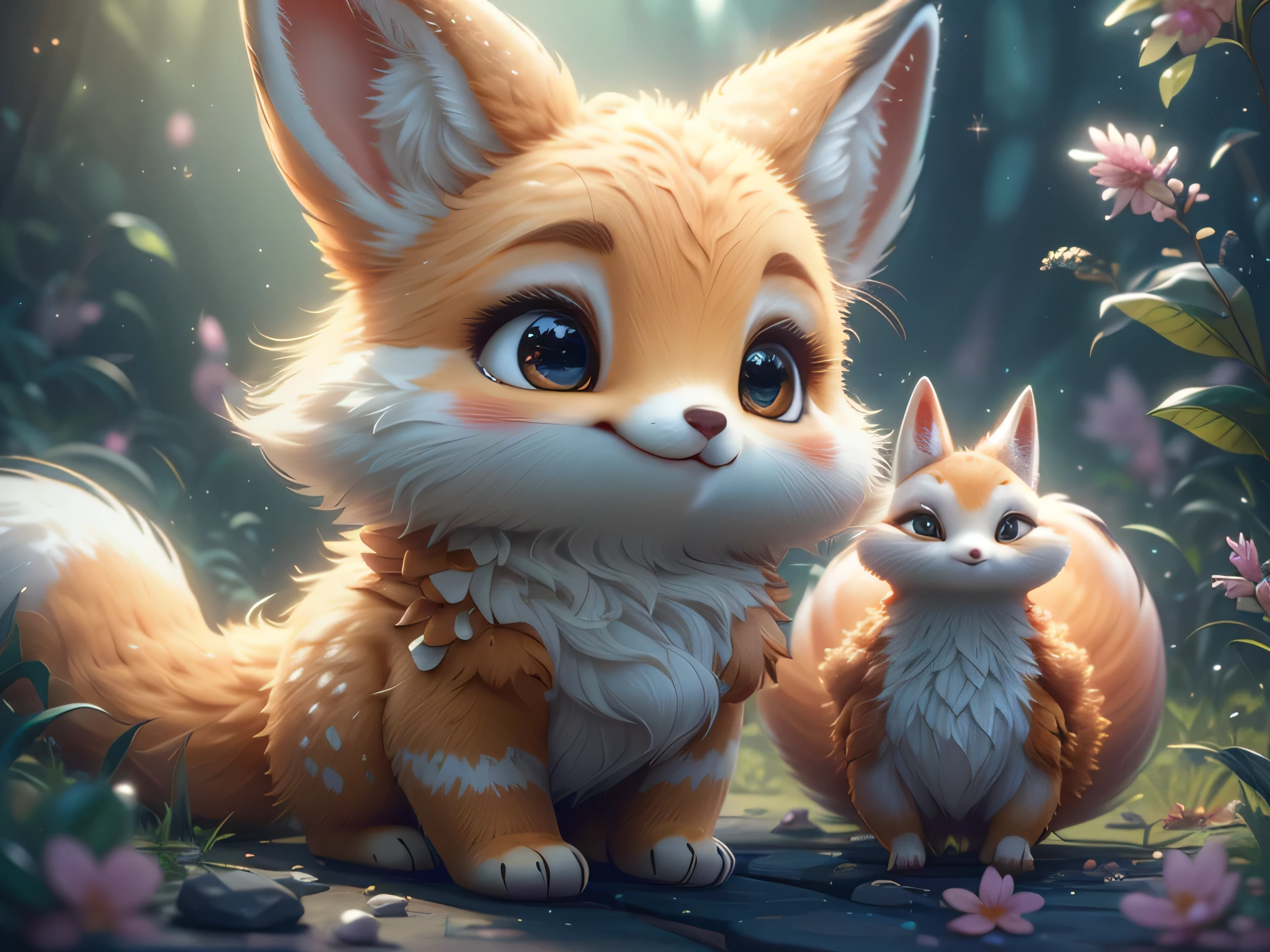 Magical Fantasy Creature, (Best Quality, Masterpiece, Representative Work, Official Art, Professional, Ultra Fine Detail, 8k:1.3), (Photorealism:1.2), Fox Spirit, Super Cute, Big Eyes, Soft, Delicate Nose, Fluffy, Two-Toothed Smile, Cute Fennec Fox Ghost, Realistic, Beautiful, Sparkling, Stars in Eyes, Star Pearl, Fox Lights, Soft Volumetric Light, (Backlight:1.3), (Cinematic:1.2), Intricate Details, (ArtStation:1.3), --auto --s2