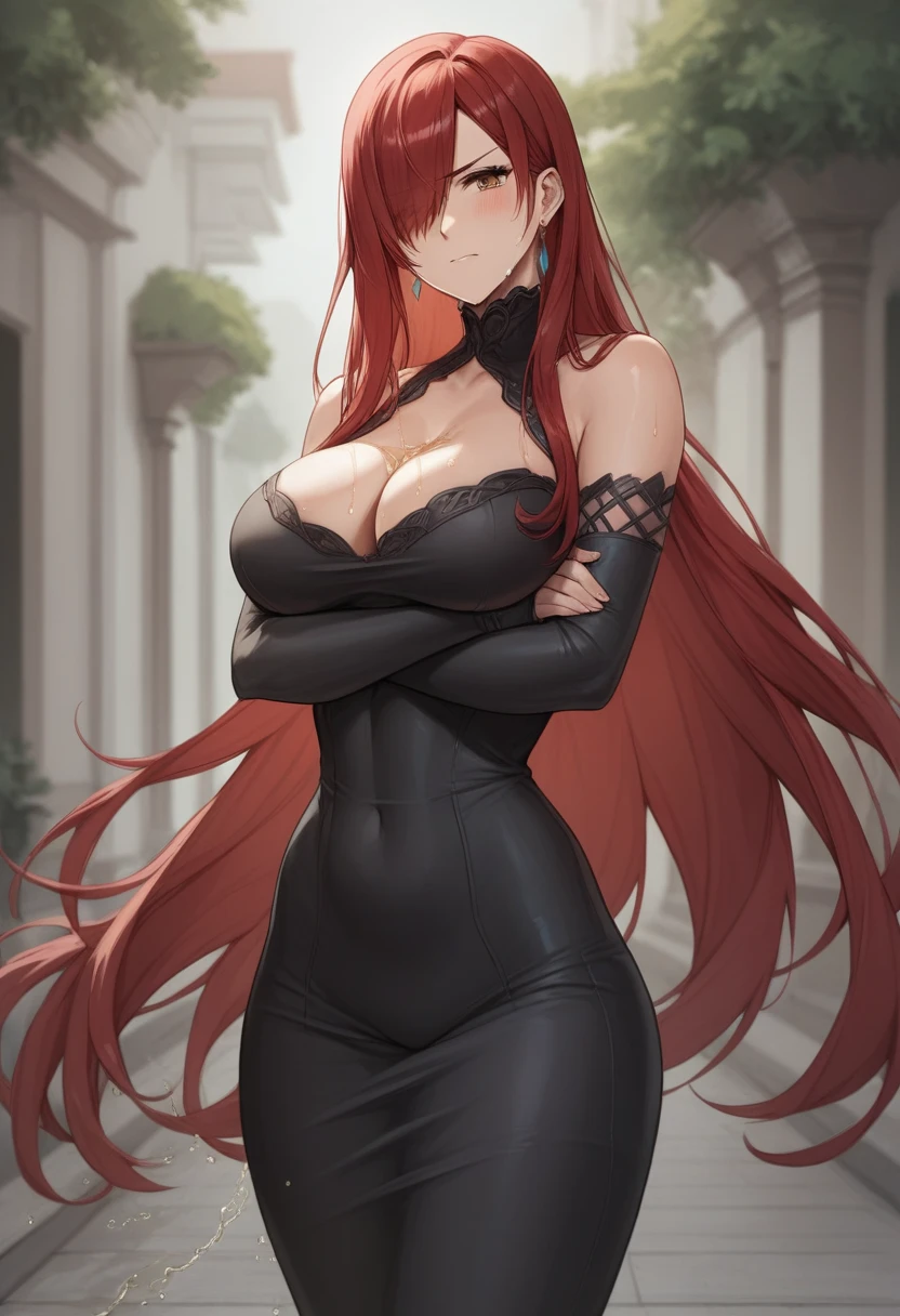 (high quality,Very detailed:1.37, High resolution), 2d, anime, anime style, anime source, Woman, Erza, red hair, dress, long dress, tight dress, cleavage, hair over one eye, large breasts, long hair, looking at viewer, brown eyes, masterpiece, best quality, (wetting herself:2.0), embarrassed, humiliation, blushing, standing, (arms crossed:1.5)