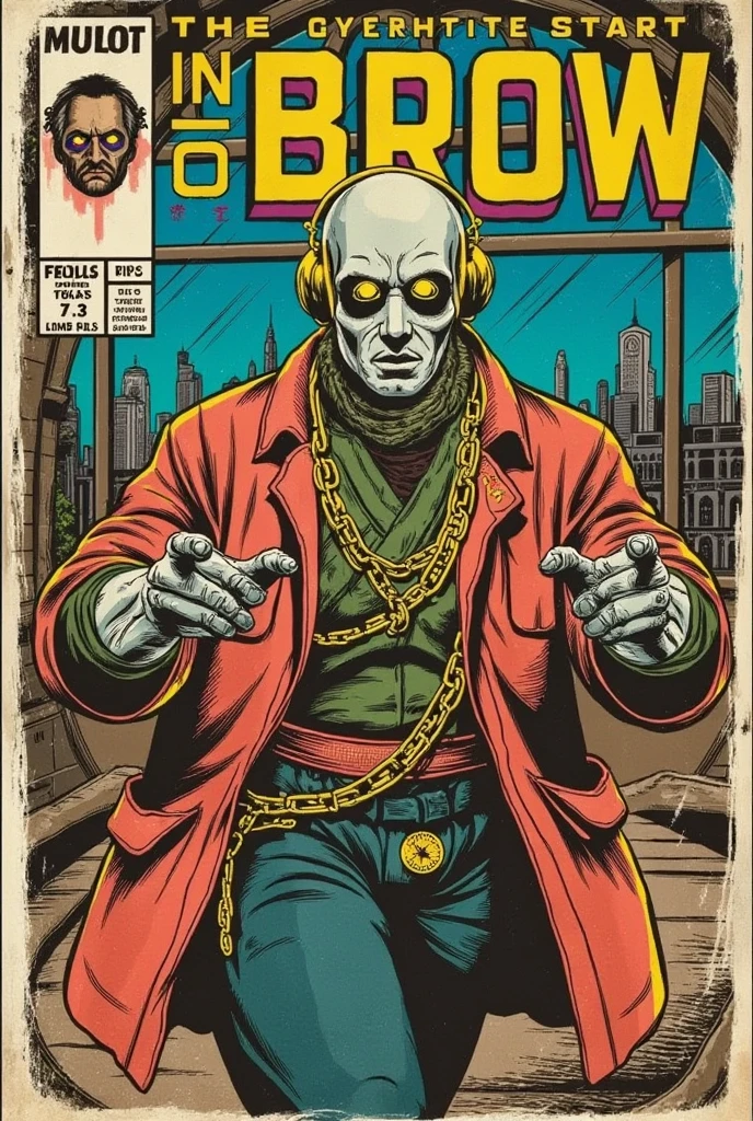 On a vintage comic book cover with a futuristic twist, a stylized cyborg occupies the center, captured in a bold action pose with a dramatic Dutch angle that enhances the scene’s intensity. His android face, crafted from white ceramic material, is detailed with mechanical seams and intricate scuff marks, and his eyes are represented by camera lenses in place of pupils, glowing with a focused, piercing gaze.

He wears intricately traditional Japanese clothing that flows around him, contrasting with his advanced robotic body. The background reveals the vast interior of the Artemis Station spaceport, an immense structure with fractal layers and large windows providing a sweeping view of a sprawling cyberpunk landscape outside.

Subtle lighting adds depth, highlighting the character against the futuristic skyline, while the edges of the cover show signs of gentle aging with faded corners and light creases, capturing the nostalgic feel of classic comics while merging retro aesthetics with a sci-fi universe.