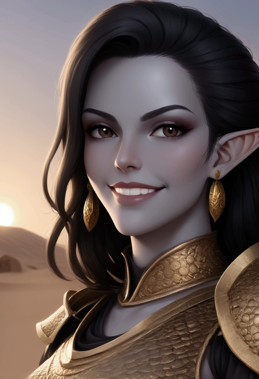 masterpiece, high quality, dark cinematic lighting, moonlight, cold colors, digital, anime, medieval, desert, smooth linework, close up, textured clothing, textured skin, beautiful face, beautiful brown eyes, a woman with grey skin, pointed ears, black hair, wearing expensive armor, scale armor, desert armor, gold inlays, gold earrings, evil grin, unhinged grin, evil, sitting in a desert