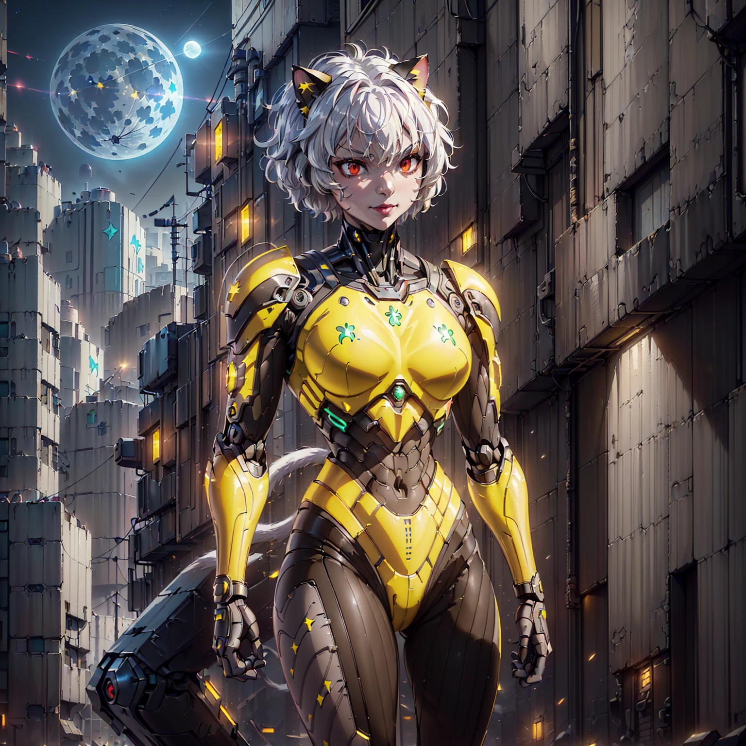 ((1girl, solo ,alone)), ((solo, 1woman, ((neferpitou, cat tail, short white hair, short messy hair, cat ears, red eyes, small bust)), woman, lipstick), Extremely detailed, ambient soft lighting, 4k, perfect eyes, a perfect face, perfect lighting, a 1girl)), ((solo, (1woman, lipstick), Extremely detailed, ambient soft lighting, 4k, perfect eyes, a perfect face, perfect lighting, a 1girl)), , ((fitness,, shapely body, athletic body, toned body)),  ((fitness, , shapely body, athletic body, toned body)) ,((militant combatants, wearing hologram armored combat suits that fit tightly to the body and blend into the surrounding scenery, cyberpunk armor suit, woman, cyber armor, smug, smug smile, framing against diving, cyberpunk city, armor, bodysuit, mecha, robot, ((yellow armor, yellow and black armor suit, night, full moon, stars, jade, cyberpunk city)), red lipstick, fan))