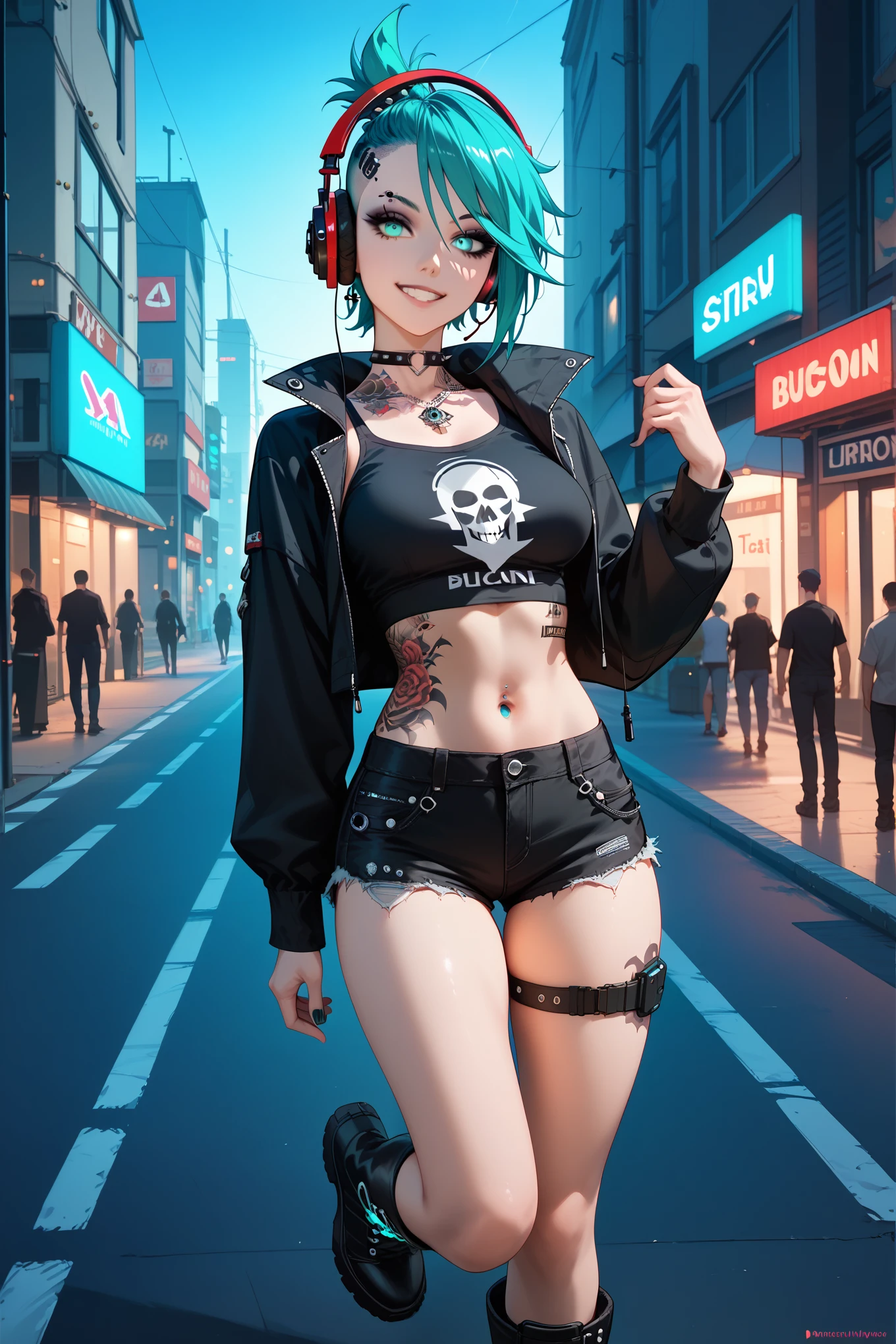 (masterpiece, best quality), (score_9,score_8_up,score_7_up), (highly-detailed), 
(1girl), 19 years old, medium breasts, thin face features, medium height, (nice body), medium breasts, (aqua short hair:1.3), (short goth-punk hair:1.4), (short goth-style ponytail), (bright aqua eyes ), ((black techno-tattoos all over body)), cool black outfit, cool black top, sexy black shorts), thighs, legs, industrial black boots,(mischievous, confident smile, cool), joyful, riding a scifi futuristic hoover-board, (headphones on head, cool black headphones), aqua glowing details, outdoors, street, (night),