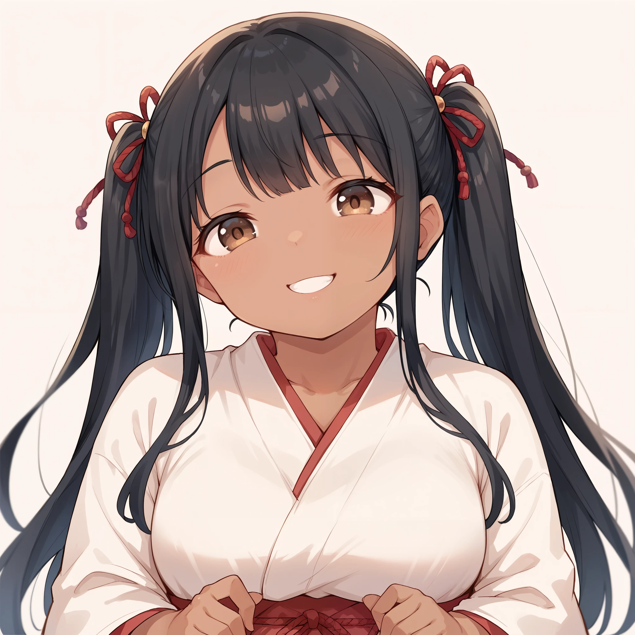 anime girl, long black hair in pigtails, brown eyes, brown skin, chubby, smiling, wearing japanese kindergarten outfit, cute background, face focus