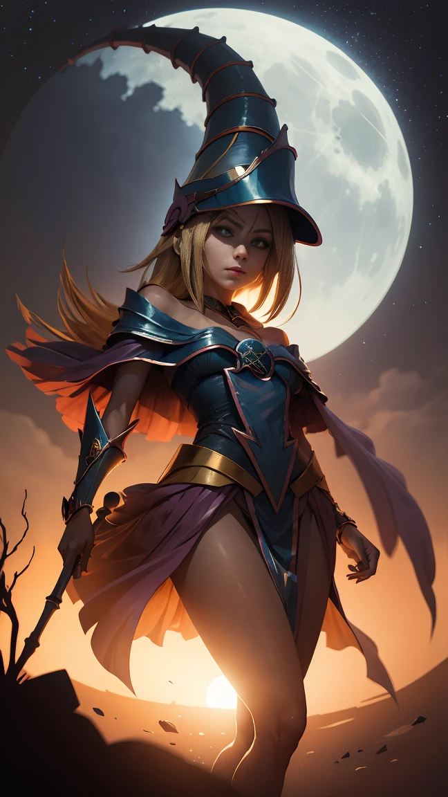 "Photograph of a dark magician golden sorceress under the moonlight, Atmospheric, Hora dorada, encantador, Oscuro y encantador."