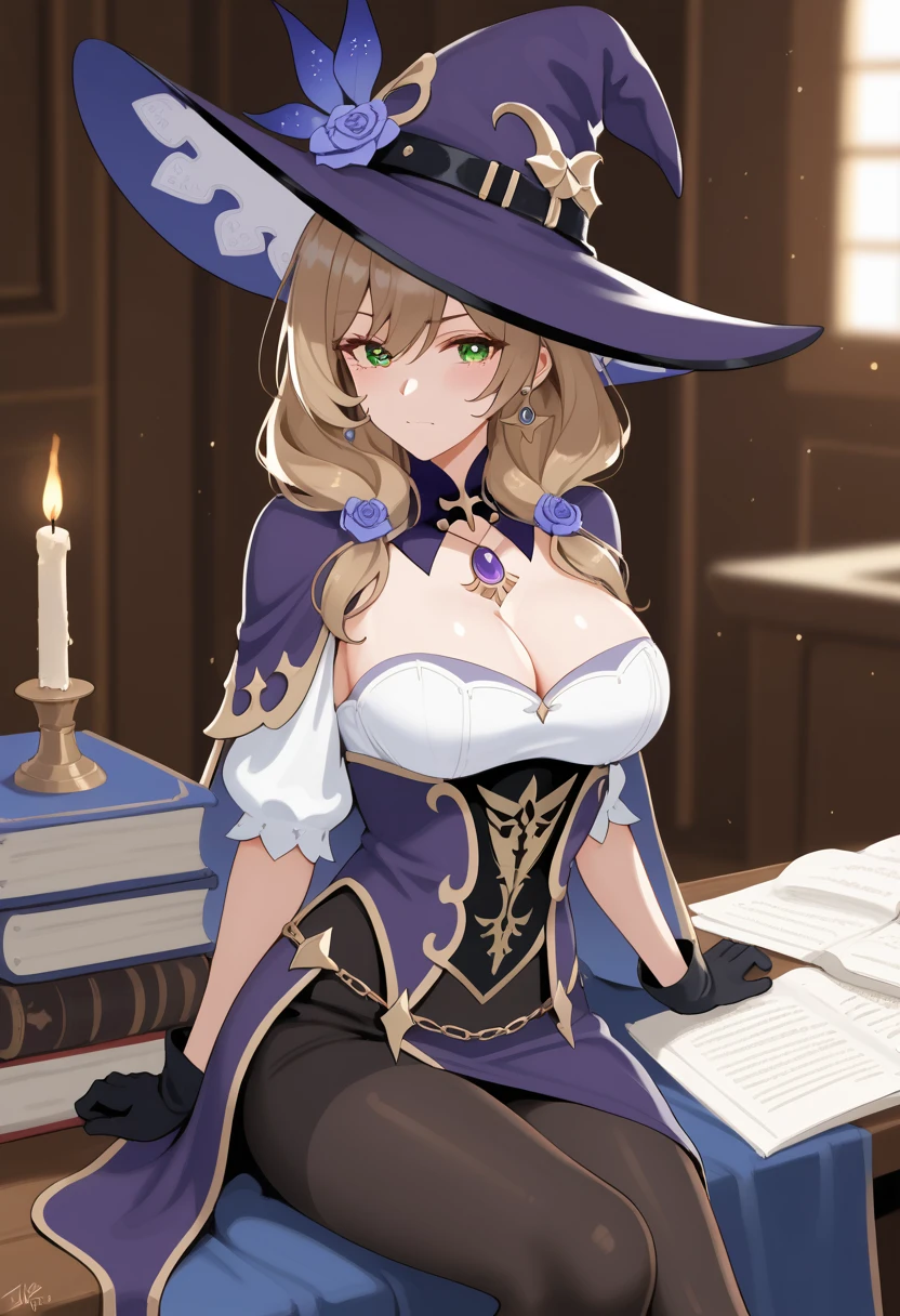 (\li sha\), 1girl, breasts, lisa \(genshin impact\), A detailed, highly photorealistic portrait of a young woman with beautiful green eyes, brown hair, and bangs, wearing a witch hat, dress, (long dress:2.0), (black pantyhose:1.5), and purple headwear with earrings, (1girl, detailed eyes, extremely detailed face), beautiful detailed eyes, extremely detailed eyes and face, long eyelashes, brown hair, green eyes, jeans, witch hat, purple headwear, earrings, long hair, bangs, hair ornament, (wetting self:1.5), (arms crossed:1.5), (arms under breasts:1.5), humiliation, blushing, angry, tears, sitting, (best quality, 4k, 8k, highres, masterpiece:1.2), ultra-detailed, HDR, UHD, studio lighting, ultra-fine painting, sharp focus, physically-based rendering, extreme detail description, professional, vivid colors, bokeh, portrait