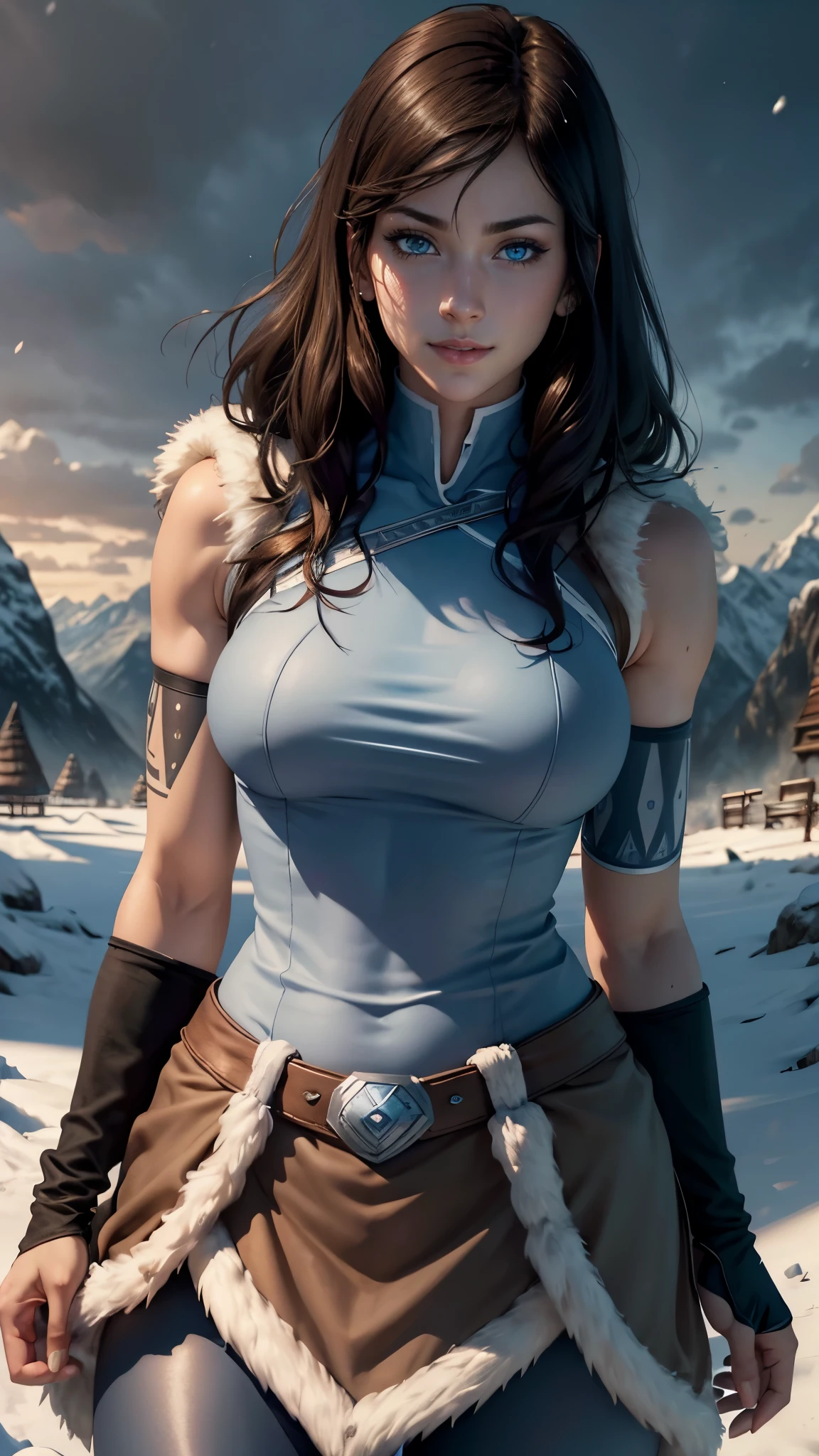 Korra da avatar,(best quality, 4K,8k,high resolution,work of art:1.2)(weather: snowing), mountain valley background, viking village, wide hips, long straight hair, brown hair, freckles, fur coat, sleeveless top, tight leggings, harness, fur belt, winter dress trail, elbow long gloves, fur boots, bracelets, light makeup, dark eyeshadow, blush, flirty pose, glowing eyes, ultra detailed,portrait,realistic,beautiful detailed blue eyes, beautiful detailed lips,extremely detailed eye and face, long eyelashes,average, large breasts,flying hair,beaming smile, sexy smile, powerful girl, bright coloured, dramatic lighting, cold breath,