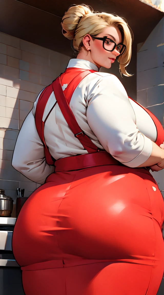 Mature Woman、50 years old、 old lady 1 girl ,  slightly obese , Large size, Round face, double chin , Being overweight,  updo  ,combed-back hair、Ash Blonde、  pink turtleneck facing the camera，White tight skirt、 brown apron ， thick lip、Red lips、 eyeshadow、 camera carrying the Matchlock gun，Western-style kitchen ,  red framed glasses  ,  wear 5 bracelets for young people,  wedding ring , Heavy chest、Busty ,  huge ass, WeightChubby