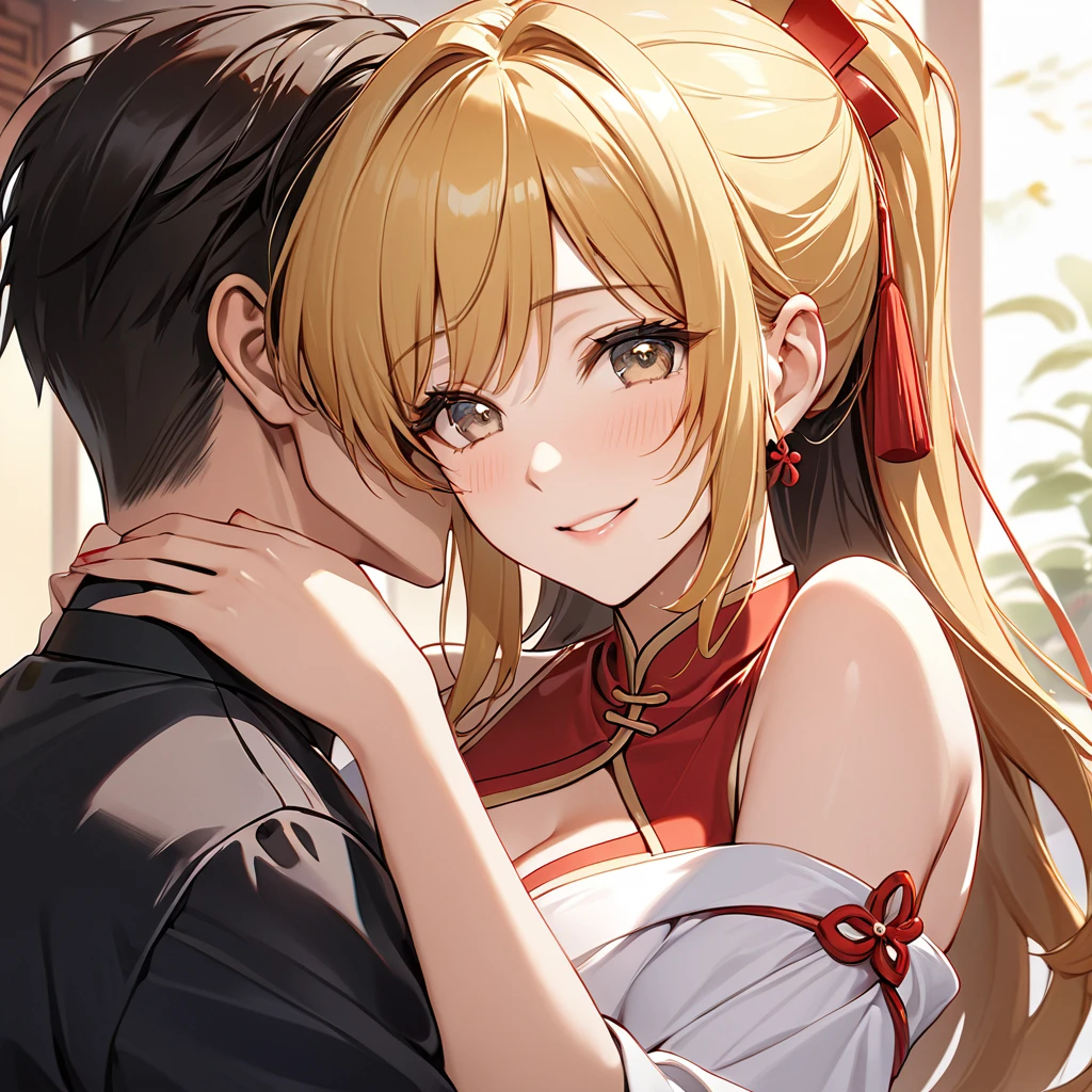  The woman who is a member of the Chinese Communist Party wears beautiful blonde Kisaragi Honey and clothes of a Chinese Communist Party member and pledges absolute loyalty and love to a great Chinese Communist Party executive man who supports her husband in public and private as a wife, snuggles up, serves each other、((Best Quality)), ((masterpiece)), ( Details), （ perfect face）,The woman has blond Kisaragi honey with outstanding proportions and is finished as a Chinese woman in a Chinese mansion and has her hair tied beautifully like a Chinese woman 、The woman is smiling gently