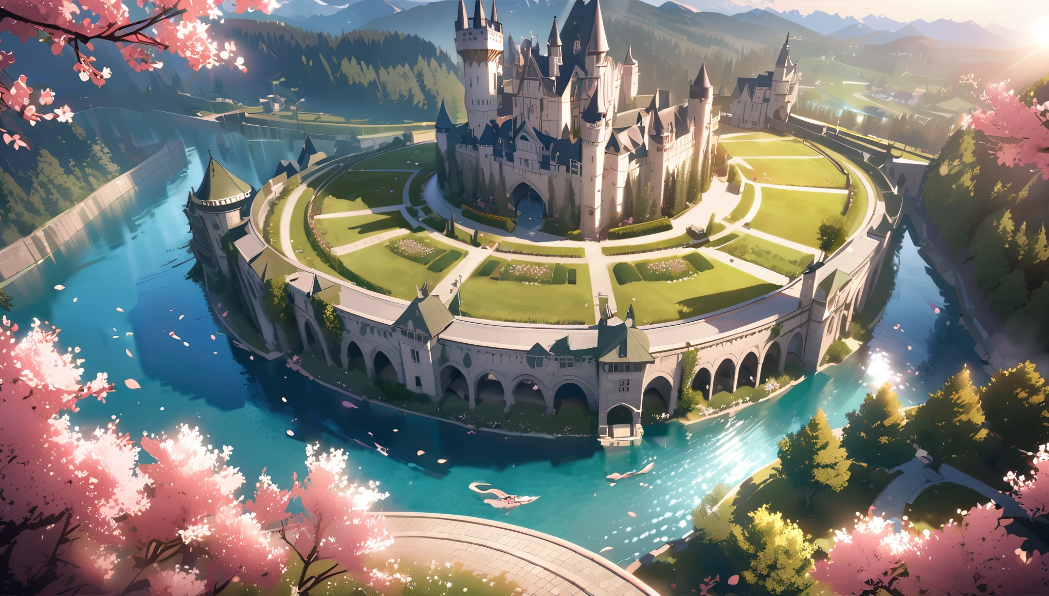 A vast royal city surrounded by the walls of medieval Europe, with a large castle rising in the center, surrounded by water moats, and houses lined up near bridges. Large castle, Miniature, Digital Art , Cinematic Composition, greenに囲まれた小さな家, sun rays, Little Cobblestones , Petals Flowing in a Small River , Small stone bridge, green,night,