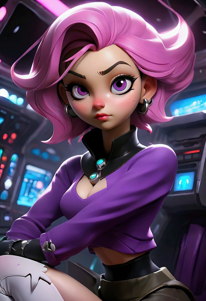 score_9, score_8_up, score_7_up, (masterpiece:1.2), (best quality:1.2), (very aesthetic:1.2), (absurdres:1.2), (),newest, beautiful female, Jinx, perfect anatomy, expressive eyes, seductive, perfect face, 1girl, short open purple hoodie, black spiked collar, tight transparent vinyl pink miniskirt, white panties, panties in view, upskirt, showing a white panty shot from below, spiked bracelet, sitting on a galactic spaceship cockpit, in space, neon lighting, nebula in background, black boots, white knee high stockings, punk, looking directly at viewer, legs apart, neon lights reflect, glowing color, glowing light