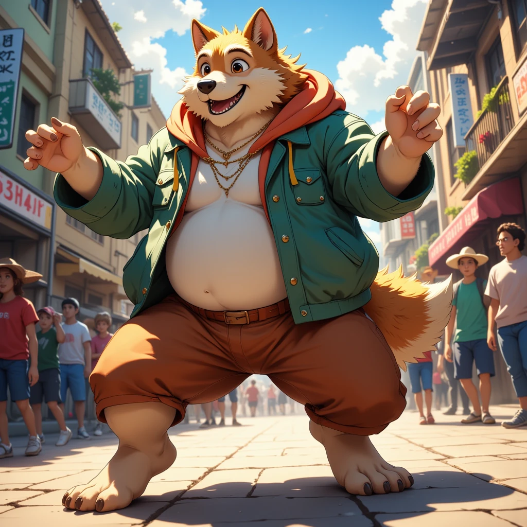 character focus, full body, looking away, back view, back focus, dynamic angle, street dancer, plump middle-aged wolf man, happy, little smile, street fashion, jacket, pants, street dance, dancing, dynamic pose, standing, full body in Michelangelo Buonarroti style, digital illustration anime, housamo style, detailed painting landscape, afternoon, city scape, street, outdoor, full color, HDR, BREAK complete anatomy, perfect proportions, beautiful thigh gap, fluffy body, intricate fur details, beautiful fur texture, BREAK detailed wolf tail, detailed toe, 5toes, 5toes nails, beautiful foot, detailed hands, 5fingers, 5fingers nails, BREAK aesthetic anime face, insanity detailed face, male face, big face, square jawline, aesthetic anime eyes, detailed brown eyes, detailed brown cornea, detailed dark brown irises, detailed pupils, male eyes, big eyes, male eyebrows, innocent look, beautiful beard, BREAK masterpiece, official art, best quality, very aesthetic, absurdres, super fine illustration, great quality, BREAK noise reduction, very highres, large filesize, high quality, 32K, 8k wallpaper, dynamic lighting, BREAK insanity detailed, ultra detailed, intricate details, extremely detailed, detailed texture, an extremely delicate and beautiful, BREAK e621 illustration, osukemo, kemohomo, anthropomorphic, furry, cartoon, harmonious body, pastoral face, virtuous eyes, street atmosphere