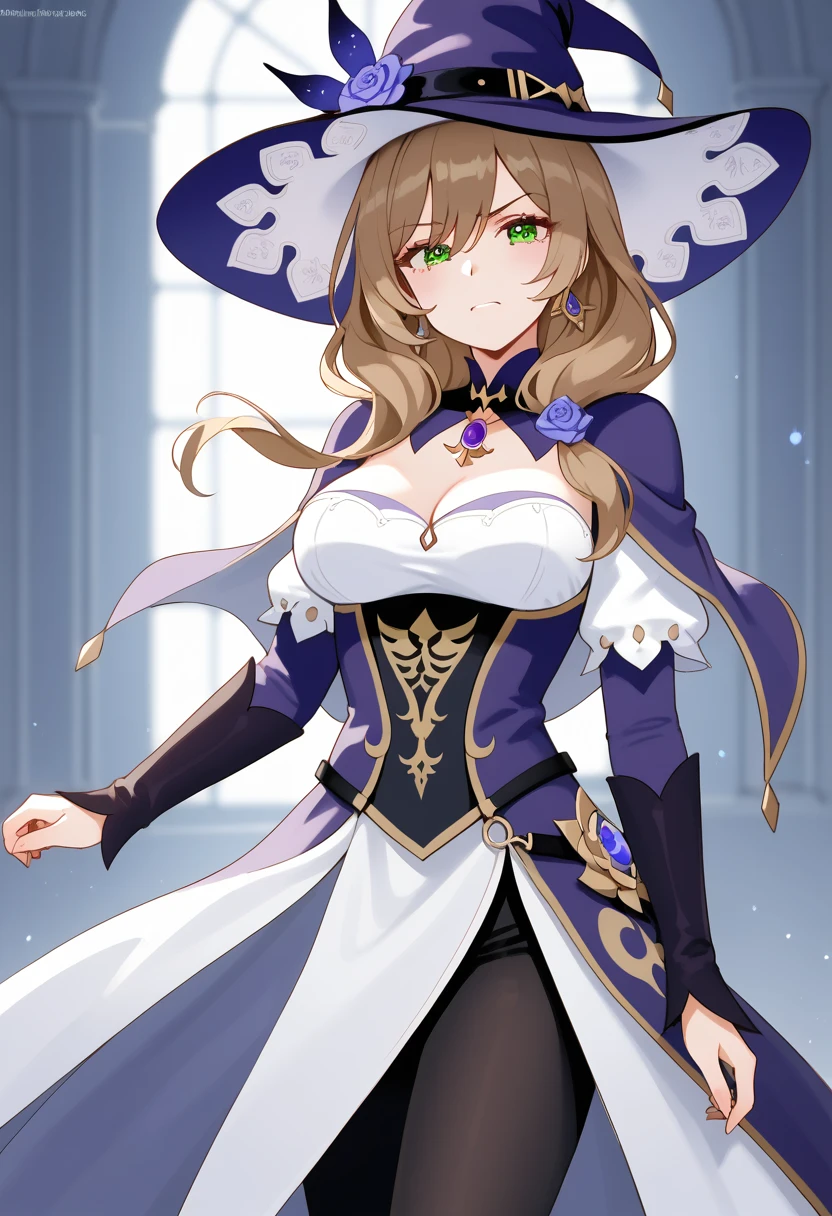 (\li sha\), 1girl, breasts, lisa \(genshin impact\), A detailed, highly photorealistic portrait of a young woman with beautiful green eyes, brown hair, and bangs, wearing a witch hat, dress, (long dress:2.0), (black pantyhose:1.5), and purple headwear with earrings, (1girl, detailed eyes, extremely detailed face), beautiful detailed eyes, extremely detailed eyes and face, long eyelashes, brown hair, green eyes, jeans, witch hat, purple headwear, earrings, long hair, bangs, hair ornament, (wetting self:1.5), (arms crossed:1.5), (arms under breasts:1.5), humiliation, blushing, angry, tears, standing, (best quality, 4k, 8k, highres, masterpiece:1.2), ultra-detailed, HDR, UHD, studio lighting, ultra-fine painting, sharp focus, physically-based rendering, extreme detail description, professional, vivid colors, bokeh, portrait