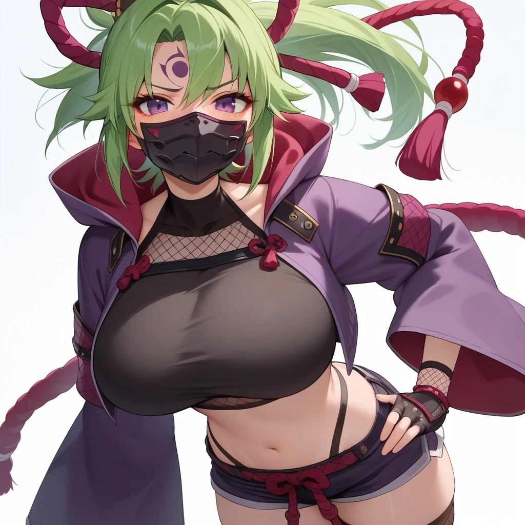 gloves,purple jacket,cropped jacket,hood,crop top, navel,body markings.short shorts, thighhighs, fishnets,  breast, (huge breasts:1.0), (blush), 8k masterpiece, (1girl, solo), kuki shinobu,mouth mask,ninja mask,green hair,ponytail,hair ornament, purple eyes,


