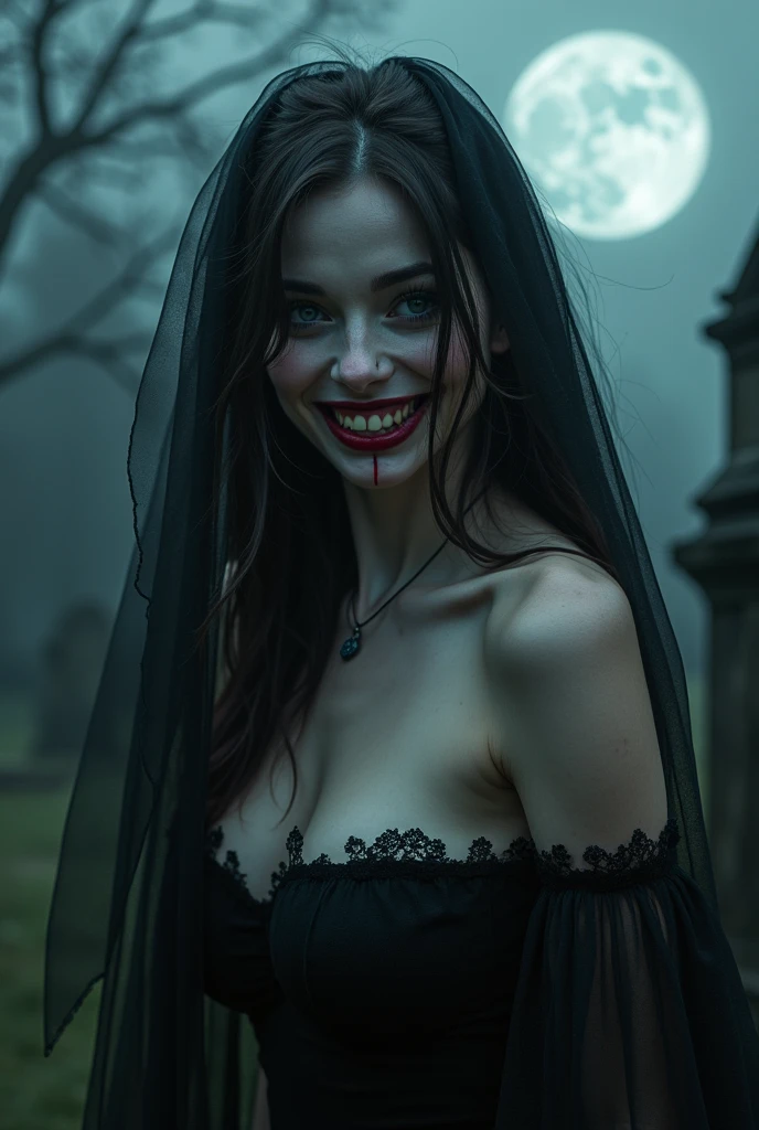 photorealistic image of a creepy girl white pale skin, grinning smile showing white fangs with red droplets on it, silky hair cascading down her back, hypnotic blue eyes gleaming with an unsettling intensity, shrouded in a tattered, black tulle veil and sheet, her voluptuous figure accentuated by a daring, bare shoulder and cleavage, set against a haunting, full circle dark moon illuminating a misty, abandoned cemetery, her lips curled into a sly, unnerving grin, beckoning the viewer.