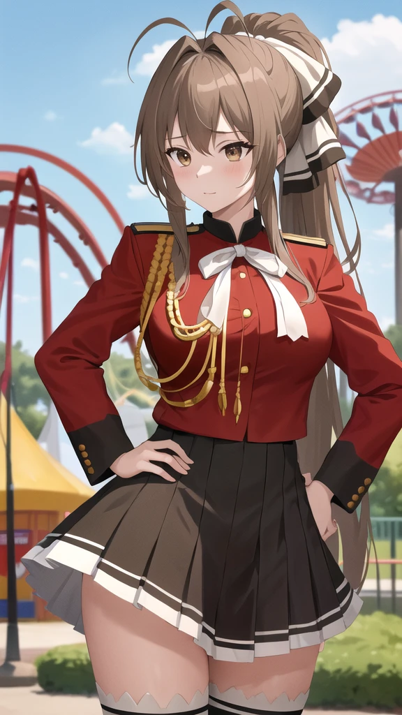 masterpiece, best quality, highres, aaisuzu, 1girl, ponytail, hair bow, brown eyes, uniform, red shirt, aiguillette, black skirt, white thighhighs, amusement park, standing, cowboy shot, hand on hip,