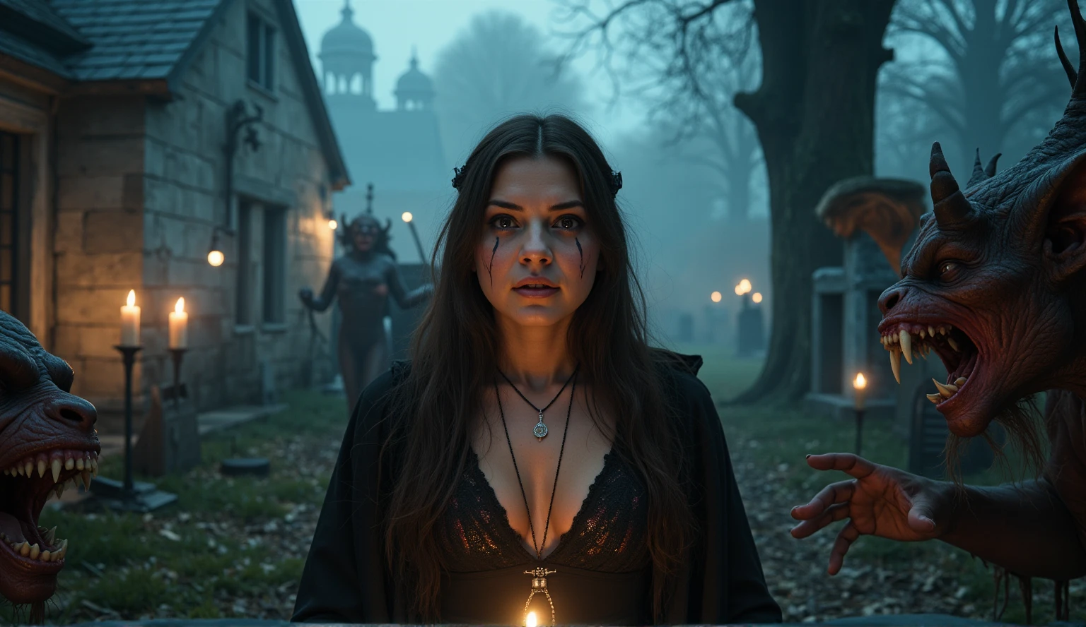 Female wizard, very detailed wizard, Wiccan makeup. The hideous beasts looks very angry and ready to cause chaos, DEVIL SPAWN. Halloween, cemetery, candles, sharp light and shadows, night, etherial mist, moonlight, horizon, panorama, ray tracing, DSLR, UHD, 8k, photorealistic, masterpiece, award-winning