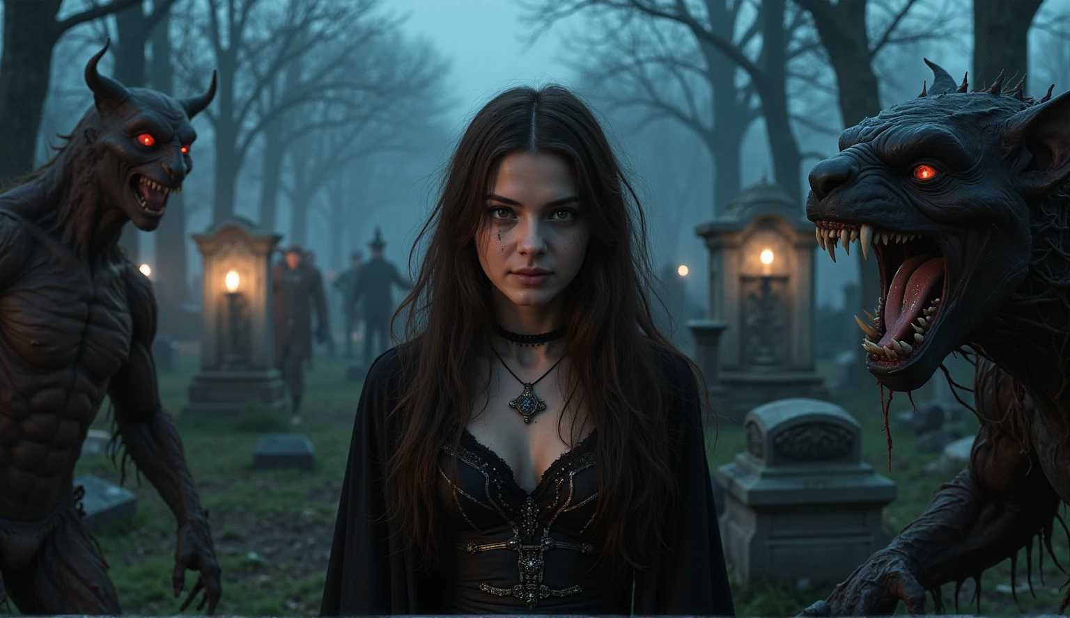 Female wizard, very detailed wizard, Wiccan makeup. The hideous beasts looks very angry and ready to cause chaos, DEVIL SPAWN. Halloween, cemetery, candles, sharp light and shadows, night, etherial mist, moonlight, horizon, panorama, ray tracing, DSLR, UHD, 8k, photorealistic, masterpiece, award-winning