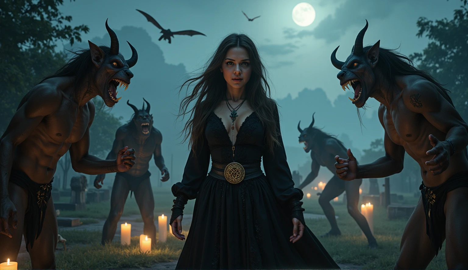 Female wizard, very detailed wizard, Wiccan makeup. The hideous beasts looks very angry and ready to cause chaos, DEVIL SPAWN. Halloween, cemetery, candles, sharp light and shadows, night, etherial mist, moonlight, horizon, panorama, ray tracing, DSLR, UHD, 8k, photorealistic, masterpiece, award-winning